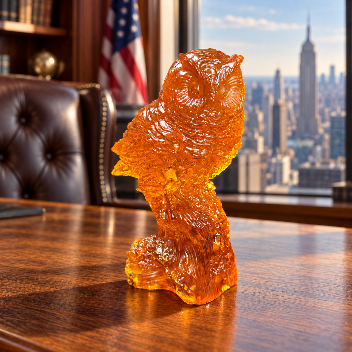 Made in USA natural Baltic amber honey owl on a sculpted tree trunk, on an oak desk in a Manhattan office.