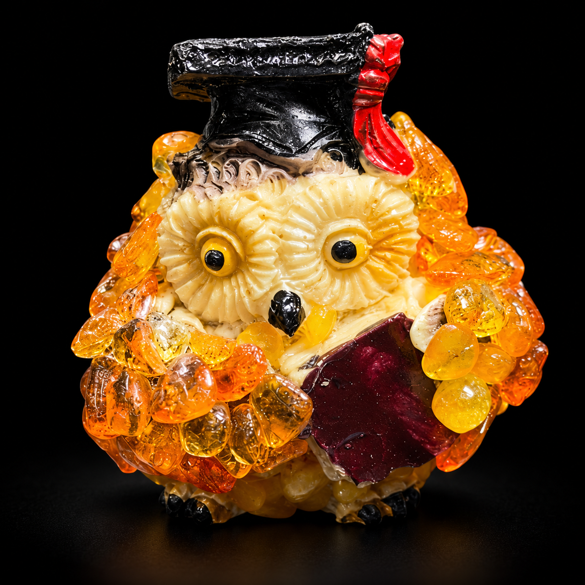 Honey-orange graduation owl with burgundy book against a black studio background
