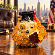 Made in USA natural Baltic amber graduation owl with a burgundy book on an oak desk in a Manhattan office.