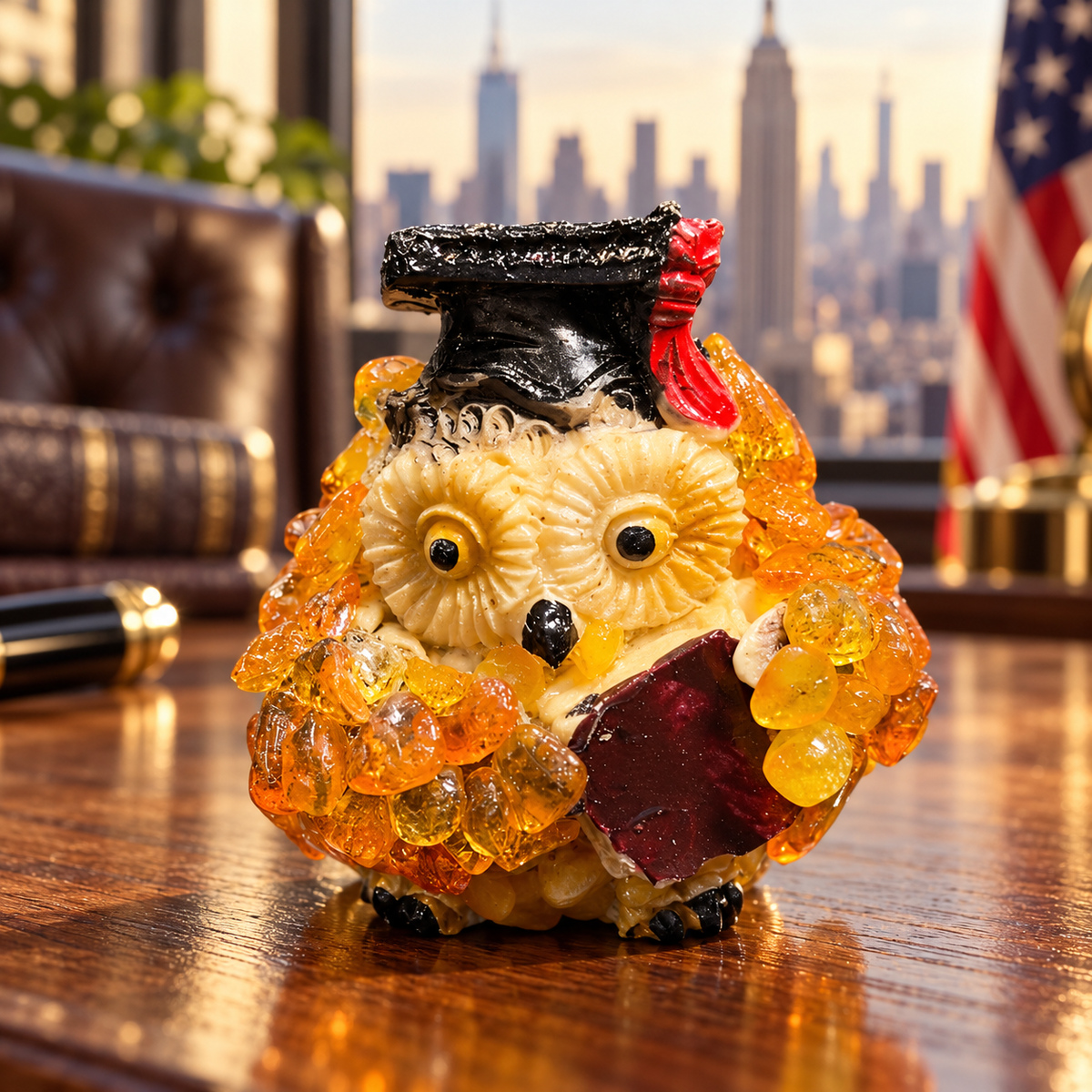 Made in USA natural Baltic amber graduation owl with a burgundy book on an oak desk in a Manhattan office.