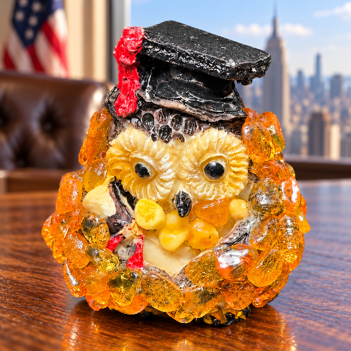 Made in USA natural Baltic amber graduation owl with red tassel on an oak desk with a US flag and Manhattan skyline.