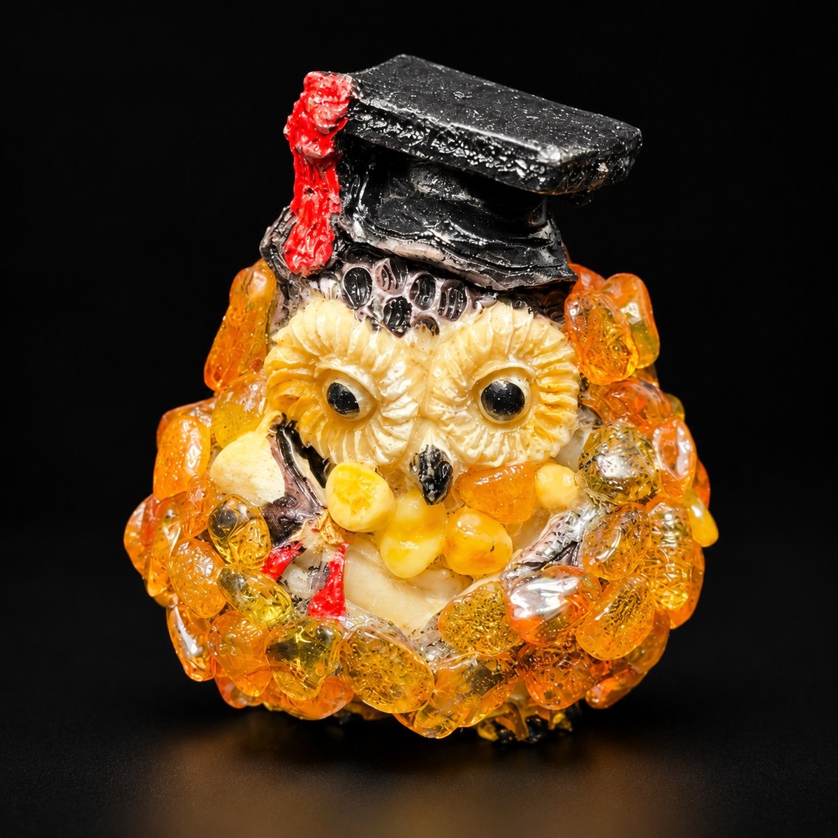 Graduation owl figurine with red cap tassel on black studio background