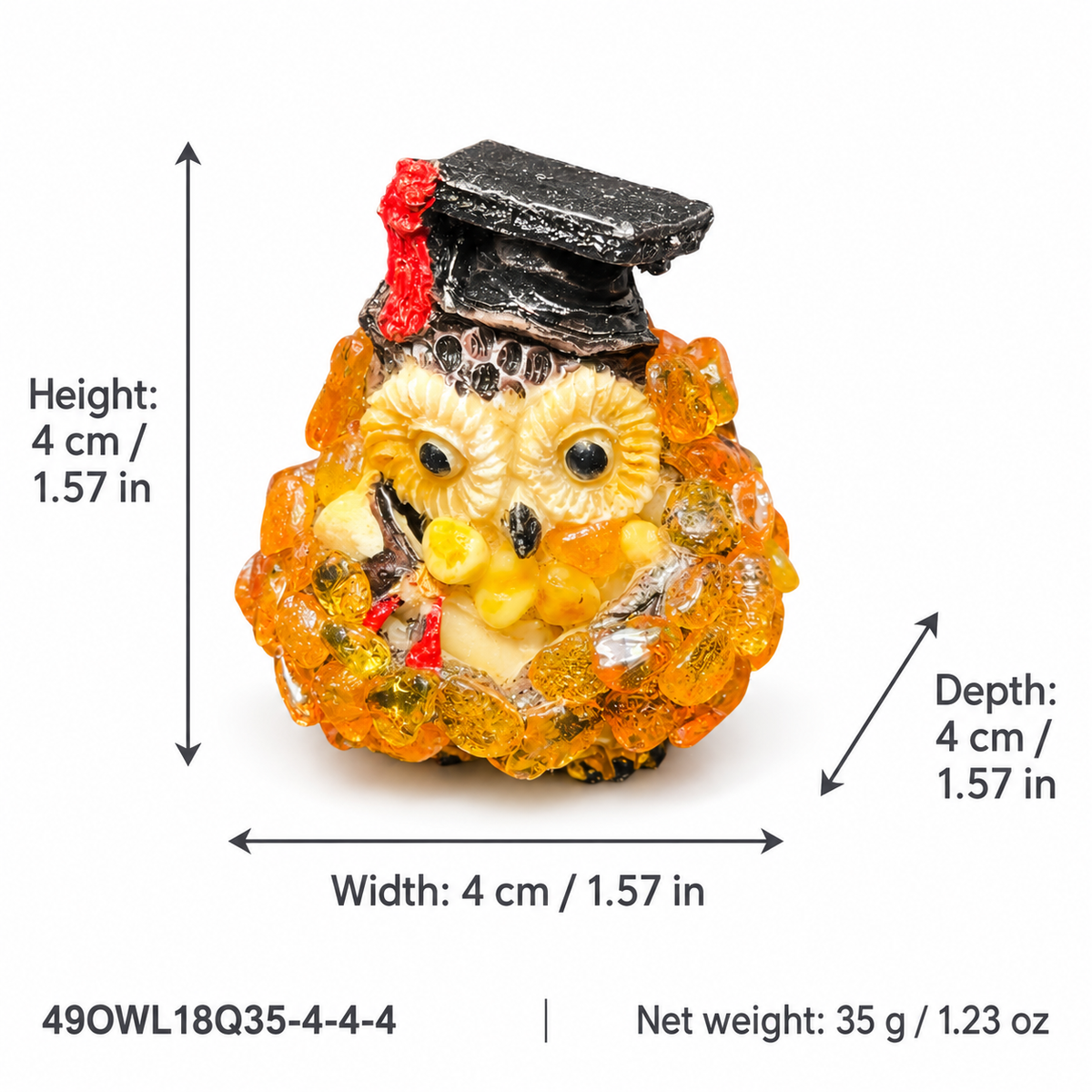 Graduation owl dimensions: height width depth 4 cm 1.57 in; net weight 35 g 1.23 oz