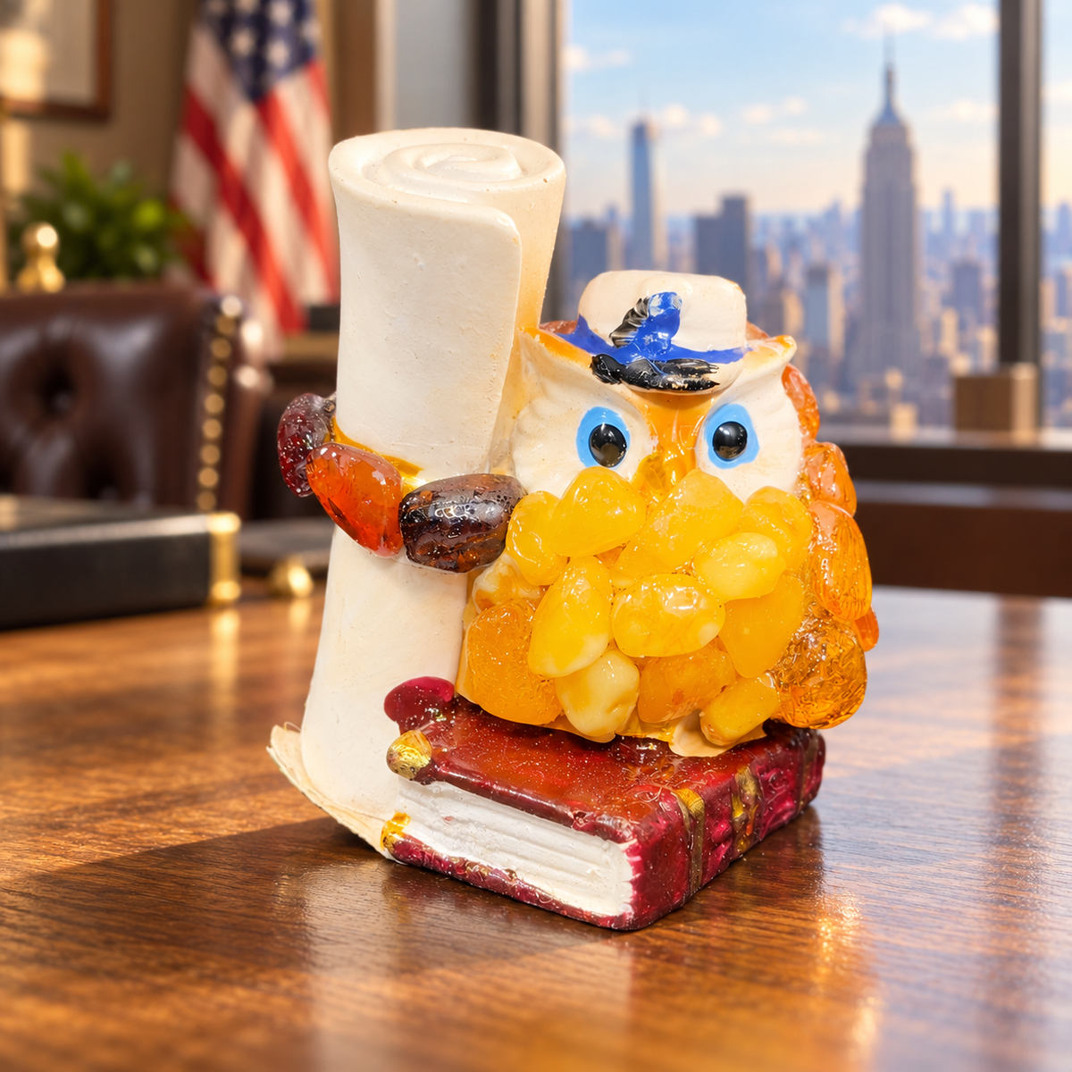 Made in USA natural Baltic amber mini owl with a scroll and book on an oak desk in a Manhattan office.