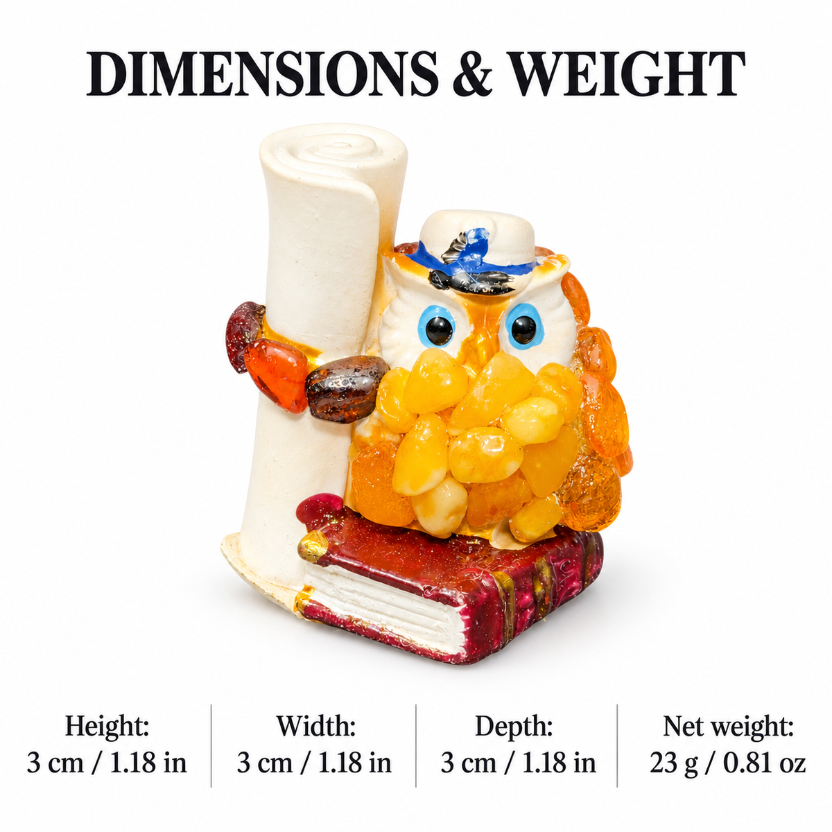 Owl figurine measurements: 3 cm height, width and depth; net weight 23 g