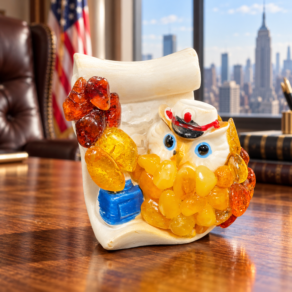 Made in USA natural Baltic amber blue-eyed owl in a white and red cap on an oak desk in a Manhattan office.
