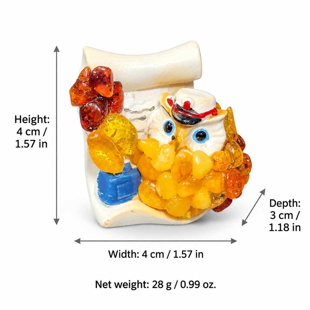 Owl figurine measurements: 4 cm high, 4 cm wide, 3 cm deep, net weight 28 g
