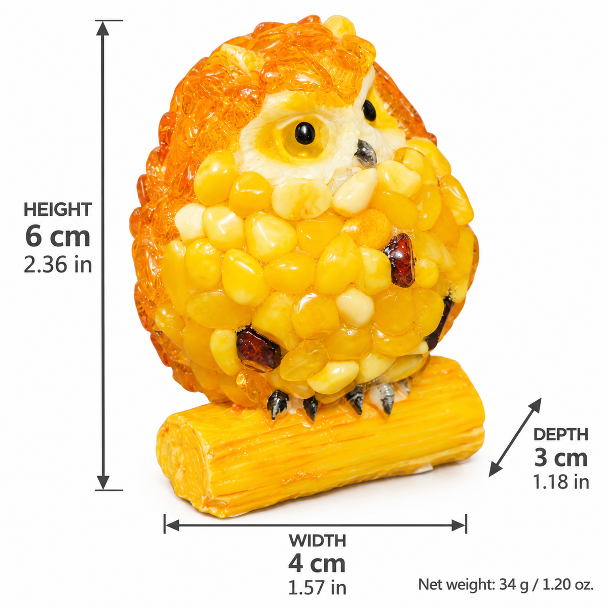Owl figurine dimensions: 6 cm high, 4 cm wide, 3 cm deep; net weight 34 g