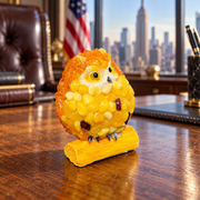 Made in USA natural Baltic amber golden owl on a log-shaped base on an oak desk in a Manhattan office.