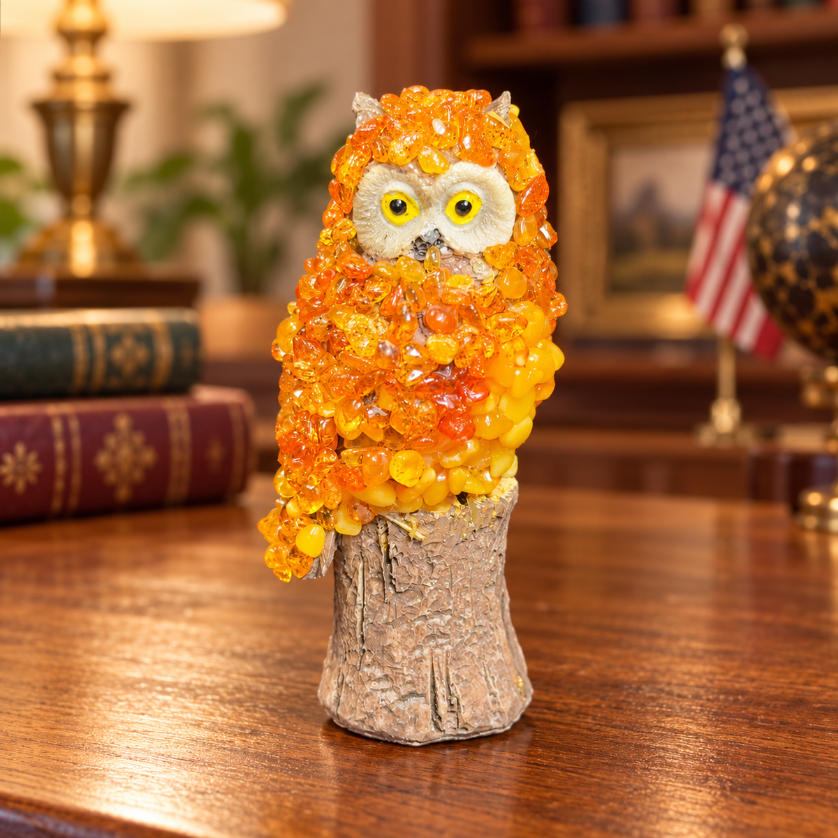 Baltic amber owl figurine on a tree stump displayed on a desk in an American study with a US flag