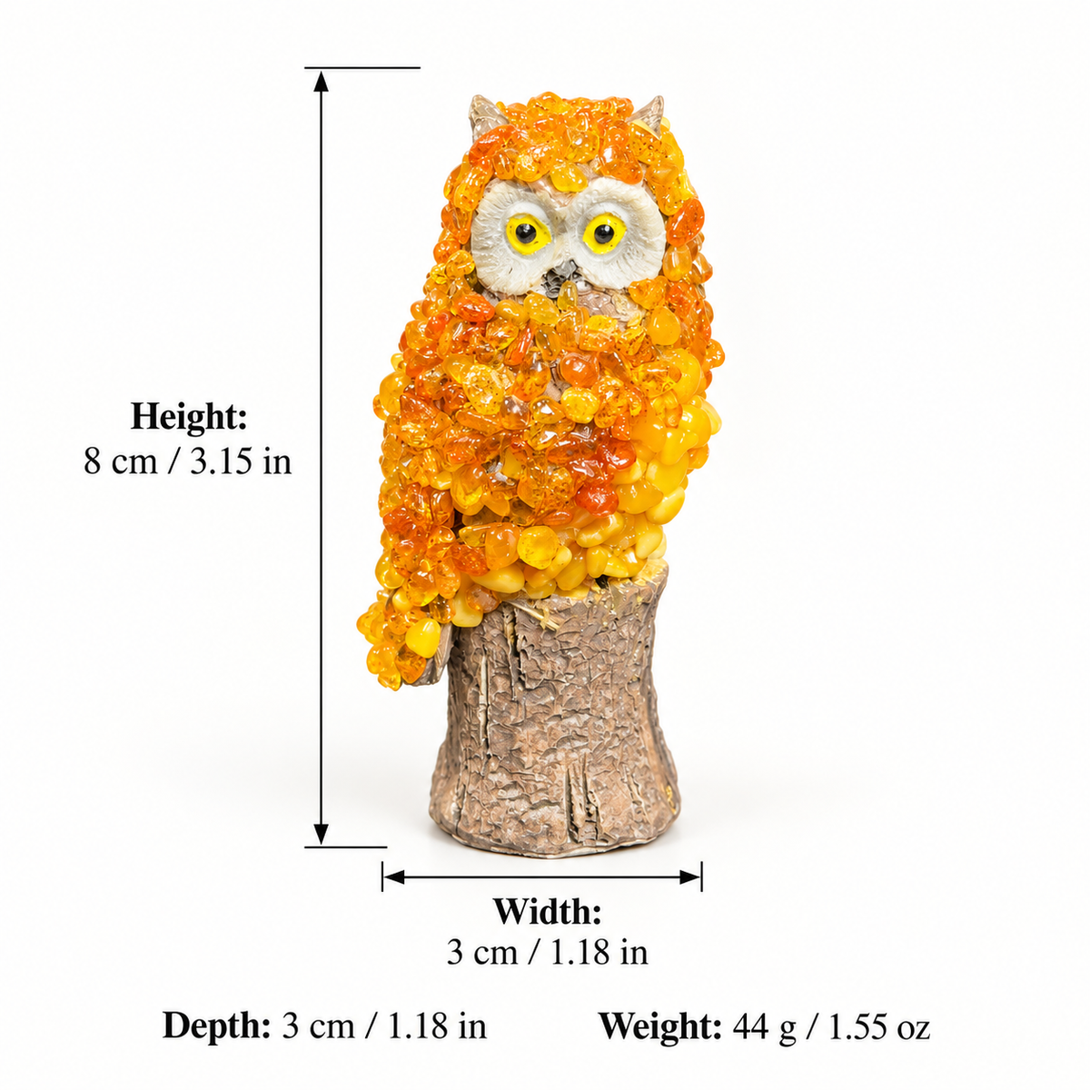 Size chart of amber owl figurine: height 8 cm (3.1 in), width 3 cm, depth 3 cm, weight 44 g (1.55 oz)