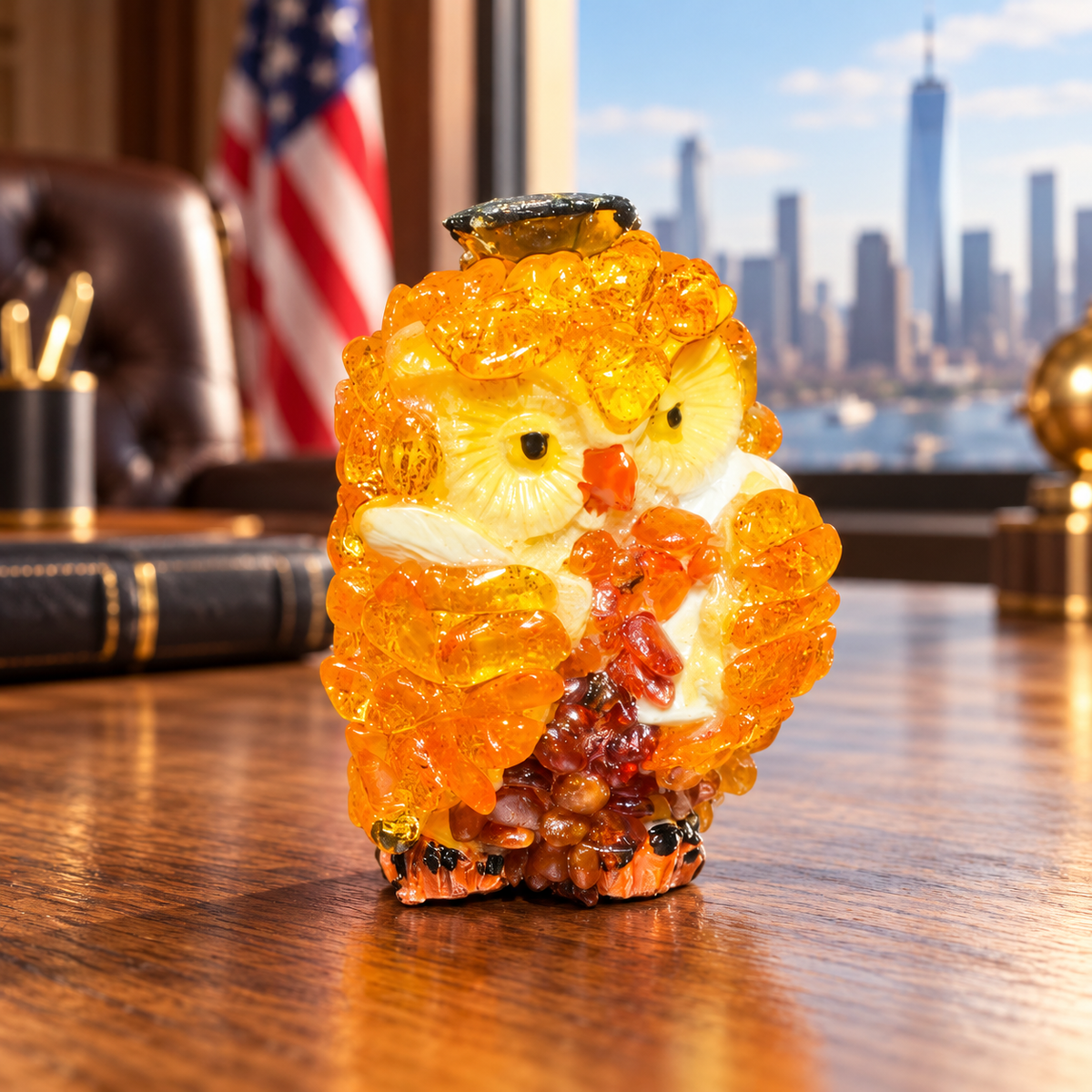Made in USA natural Baltic amber mini owl in a dark cap on an oak desk with a US flag and Manhattan skyline.