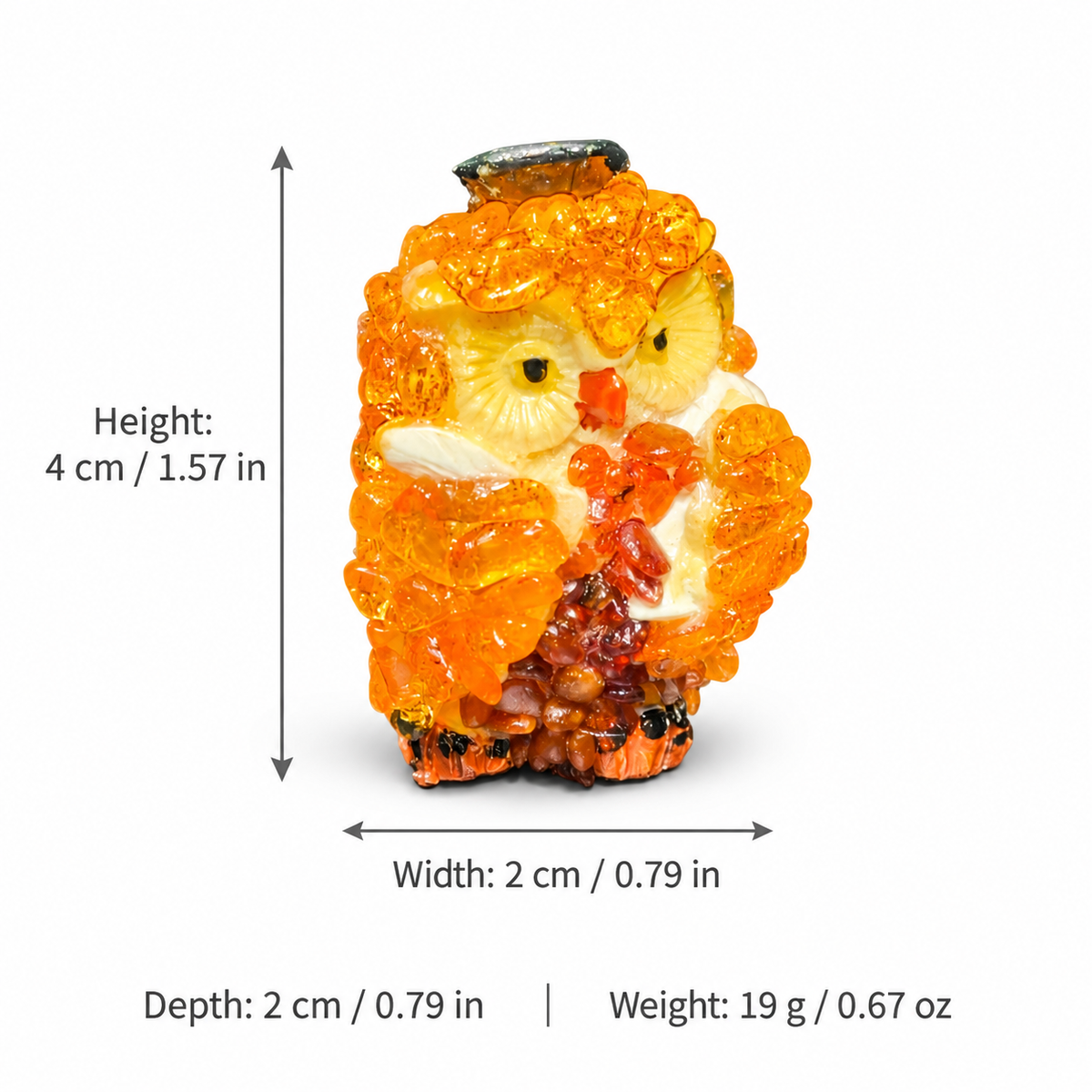 Owl dimensions: 4 cm high, 2 cm wide, 2 cm deep; weight 19 g