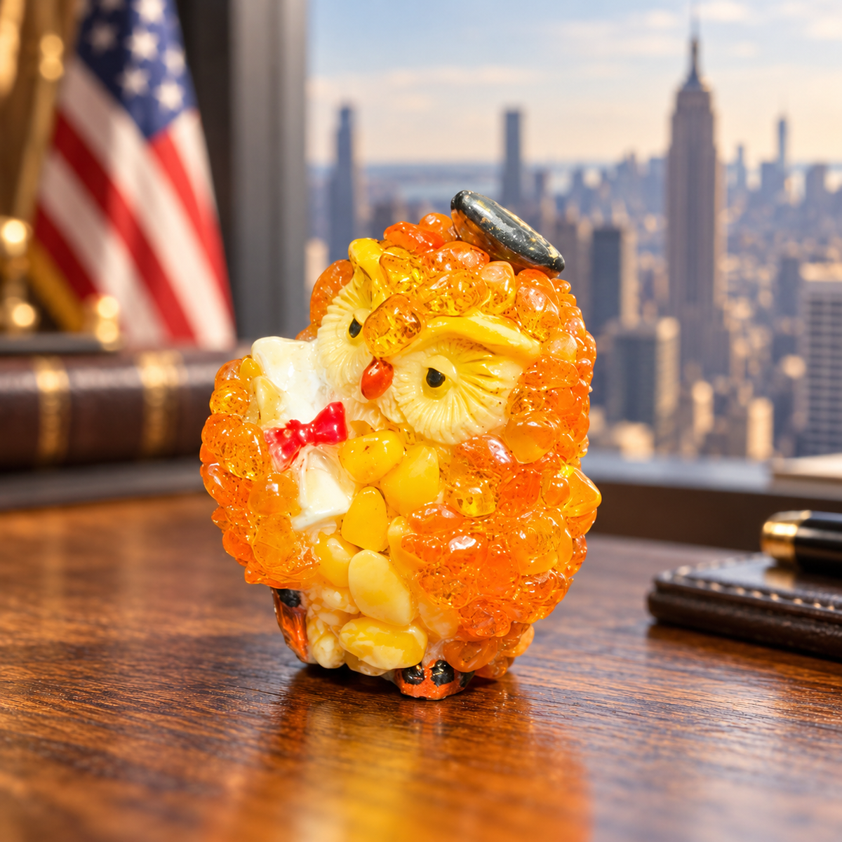 Made in USA natural Baltic amber mini graduation owl holding a diploma on an oak desk with a Manhattan skyline.