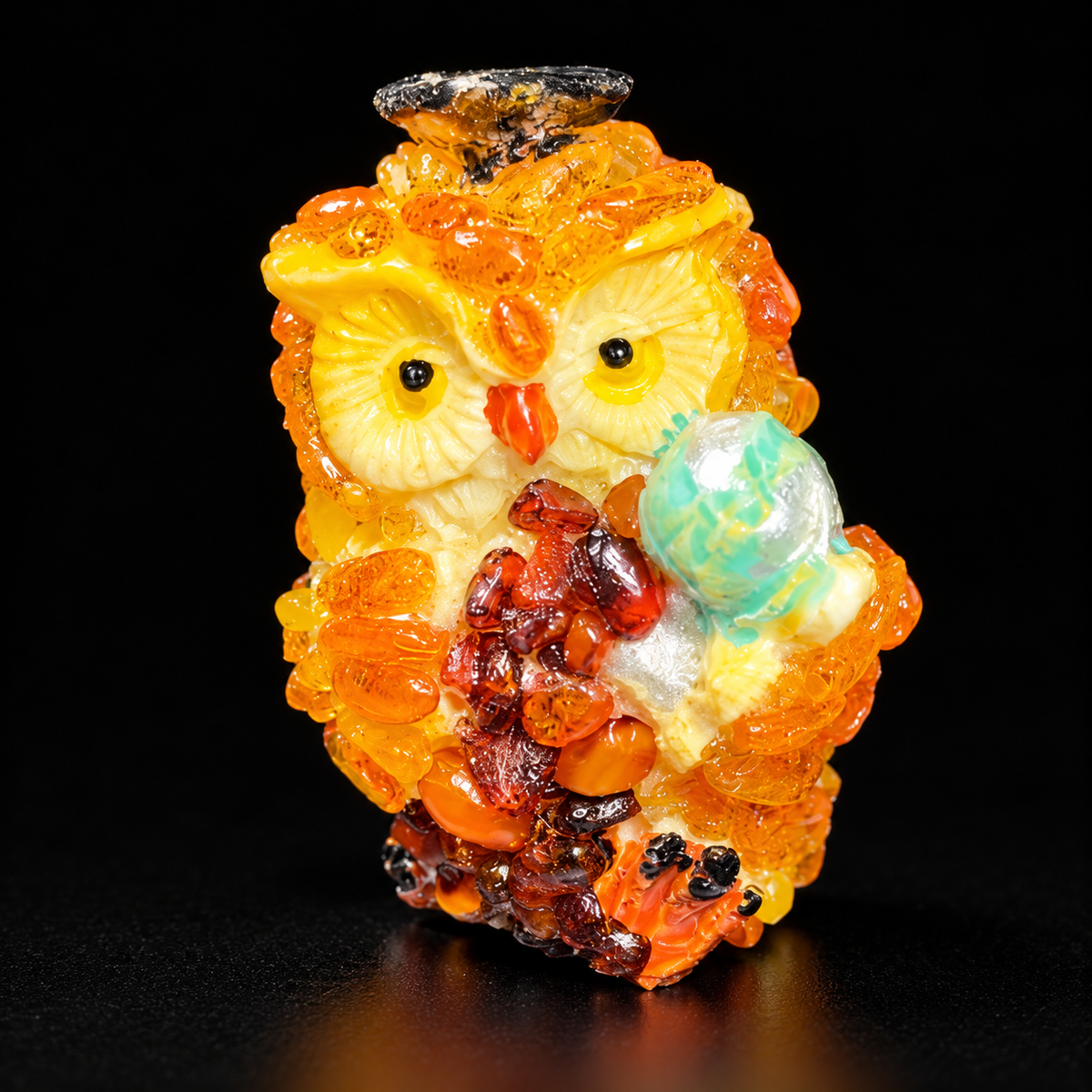 Golden orange globe owl figurine with dark cap photographed on black
