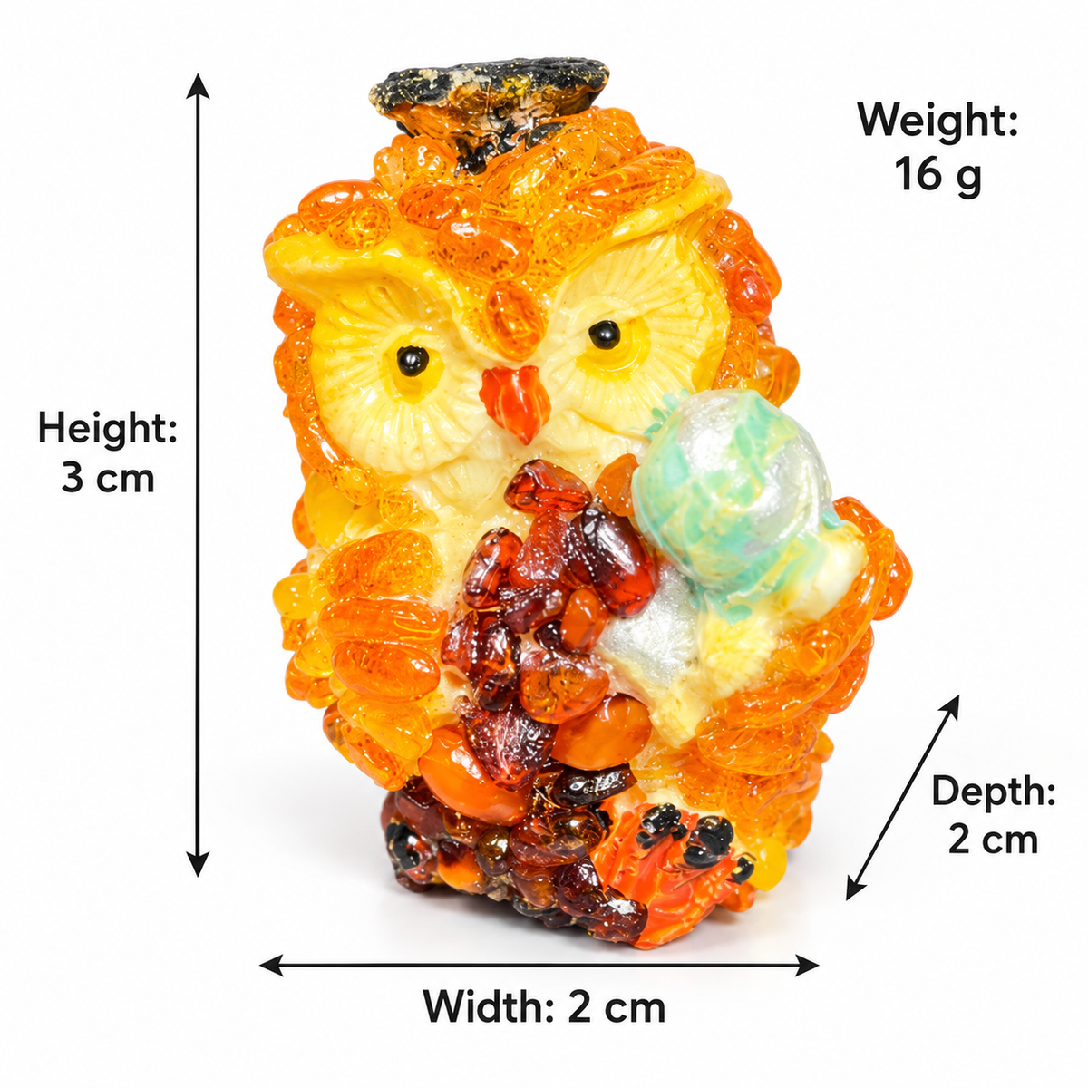 Owl figurine dimensions: height 3 cm, width 2 cm, depth 2 cm, weight 16 g