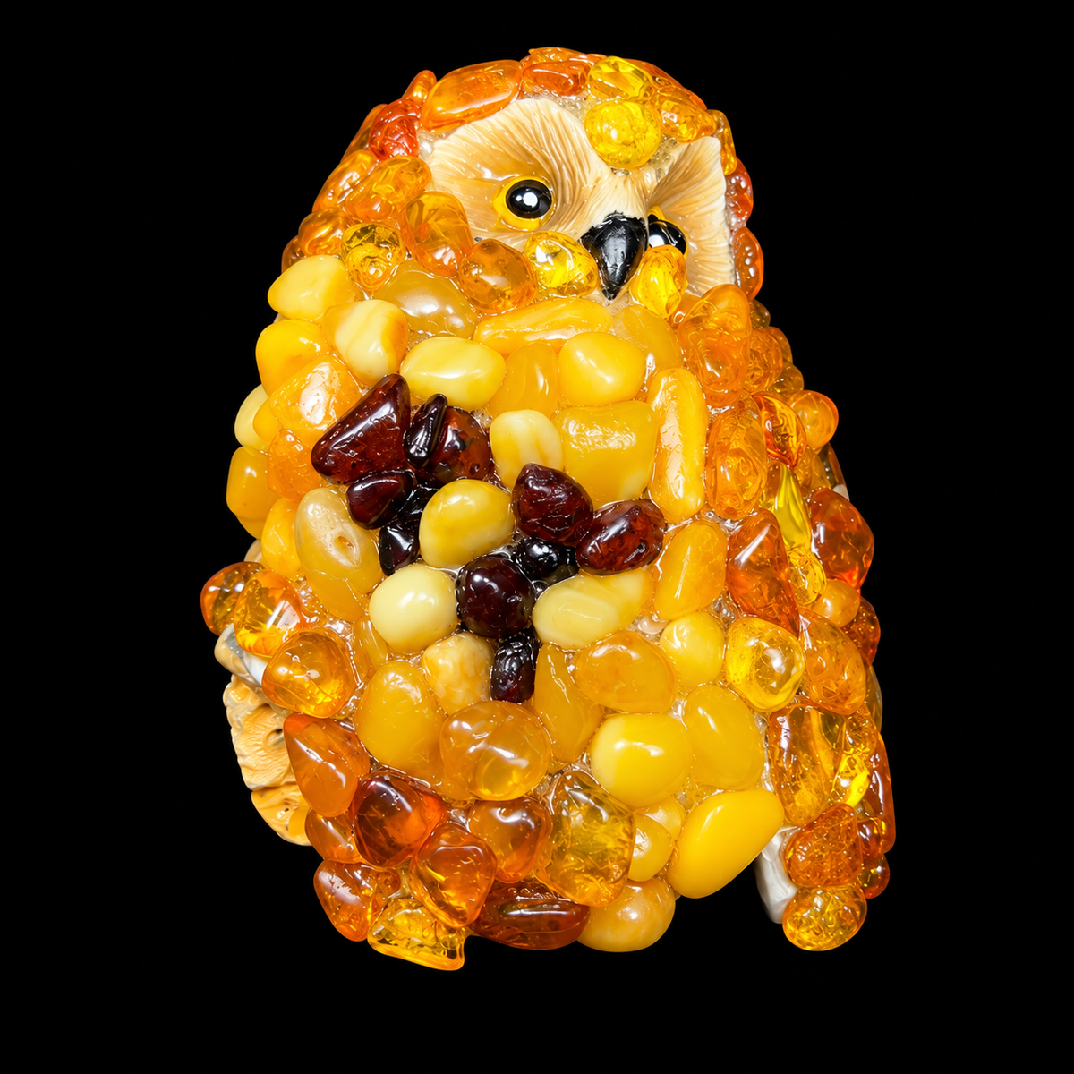 Natural Baltic amber owl fridge magnet on a black background.