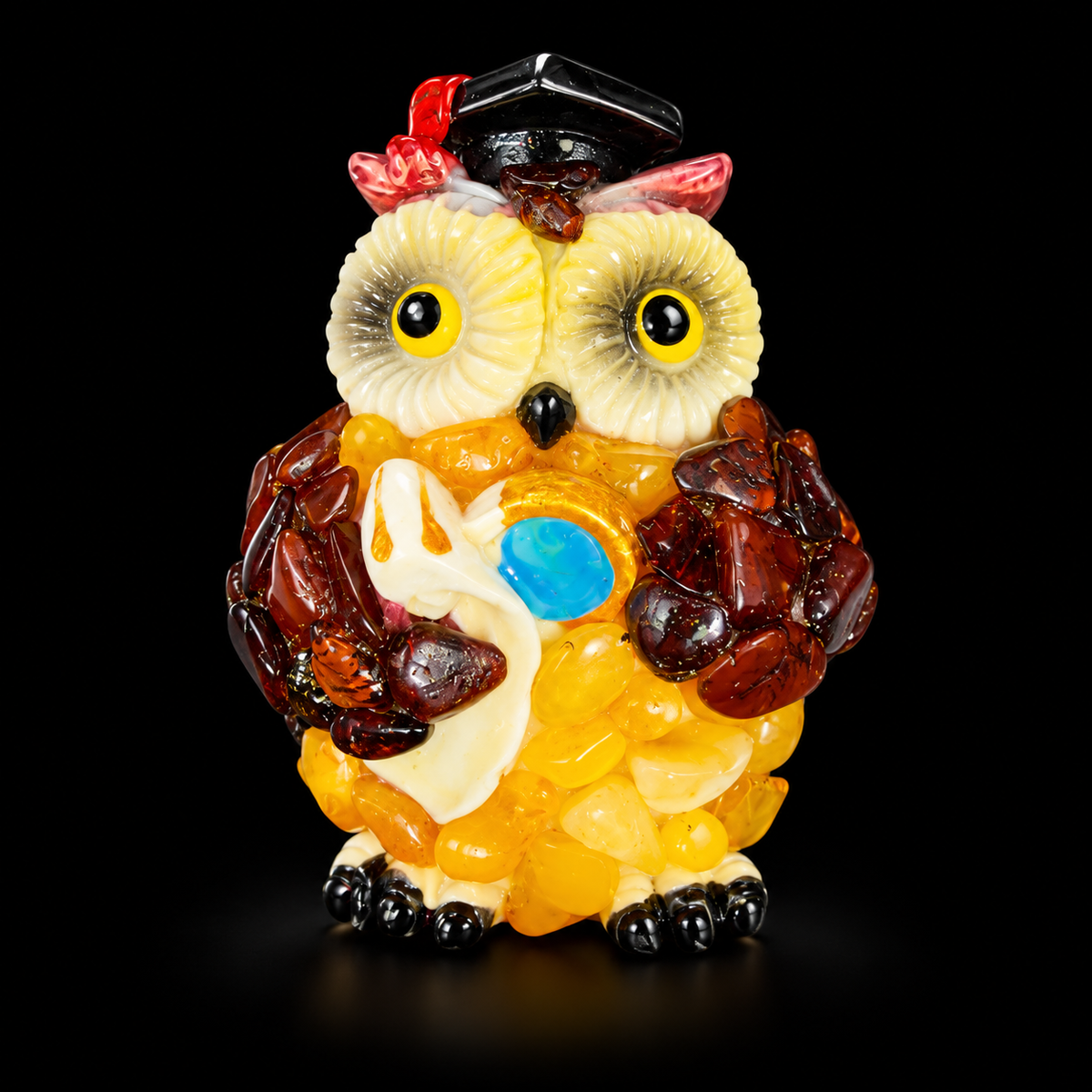 Golden yellow graduation owl magnet with dark brown wings against a black studio background