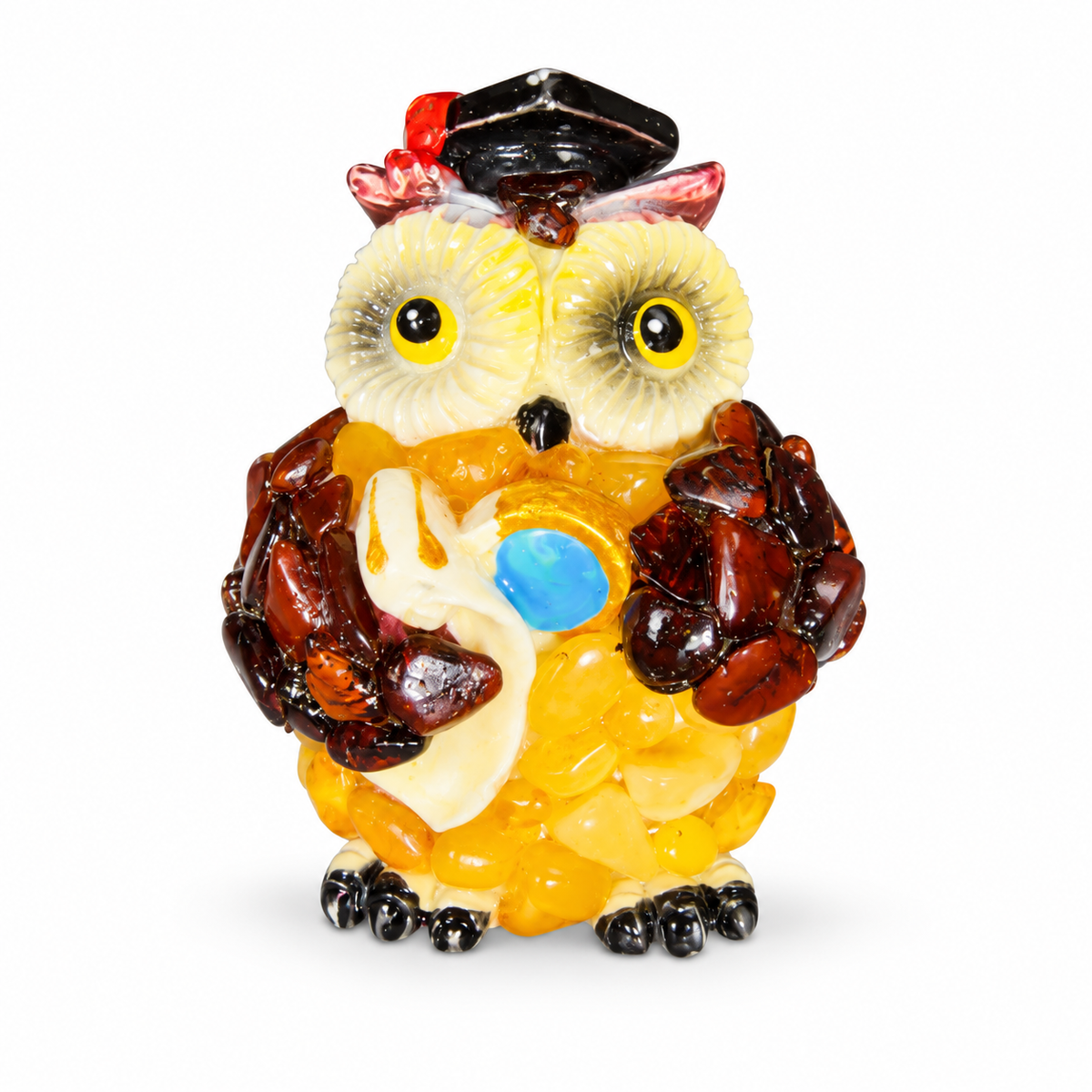Front view of the graduation owl magnet with black cap, ivory scroll and blue accent on white