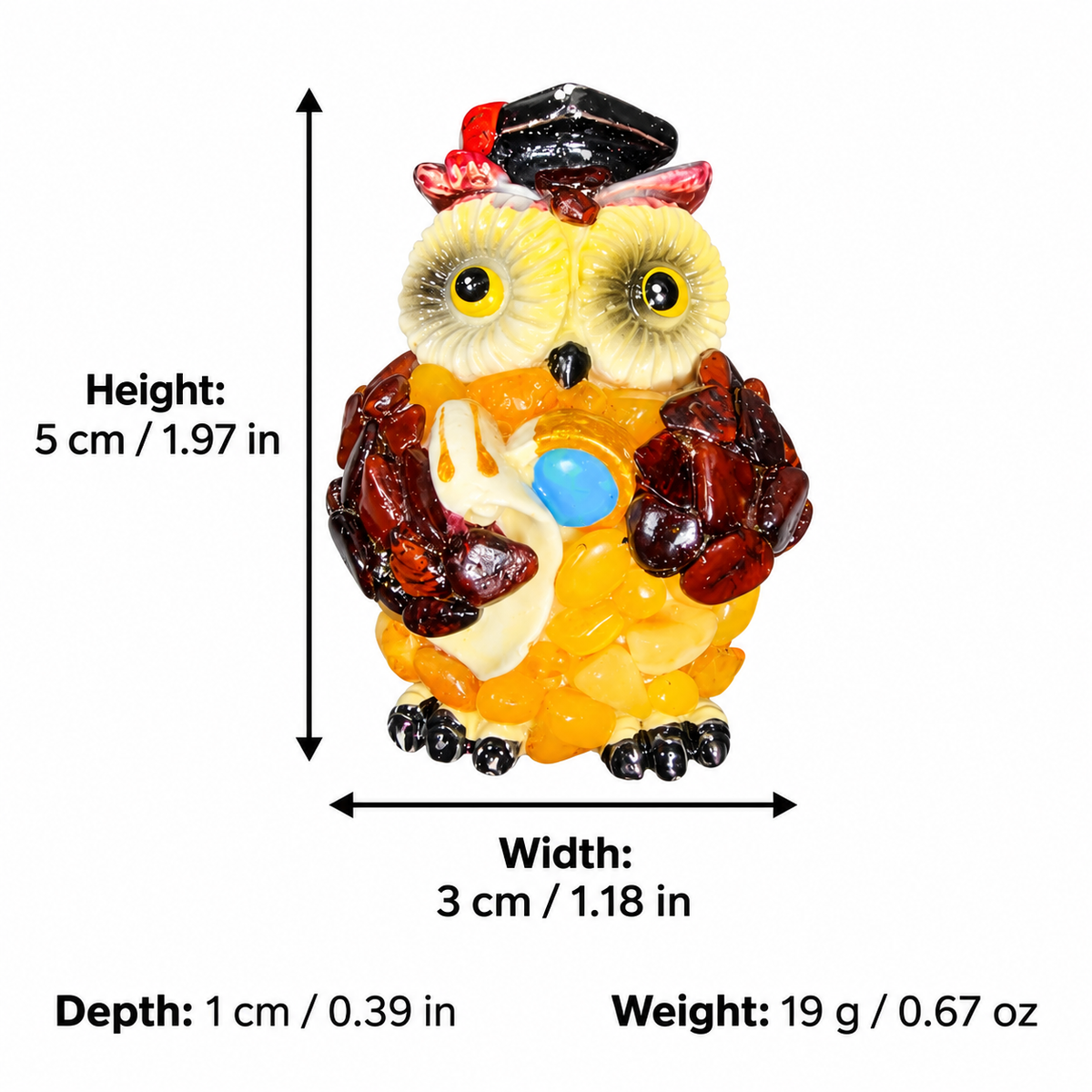 Graduation owl magnet dimensions: 5 by 3 by 1 cm, weight 19 g, with inch and ounce equivalents