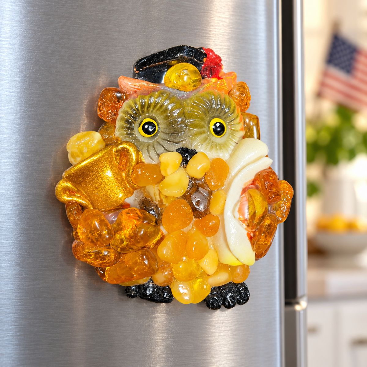 Made in USA natural Baltic amber scholar owl fridge magnet with golden vessel and scroll on a kitchen refrigerator.