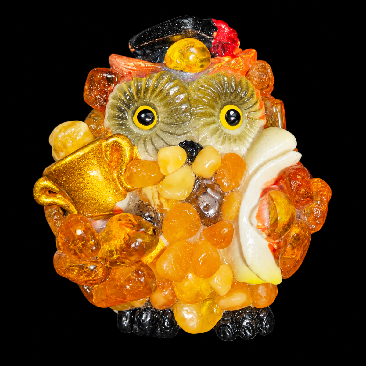 KIZIMA owl refrigerator magnet with black hat, golden vessel and cream scroll on black background