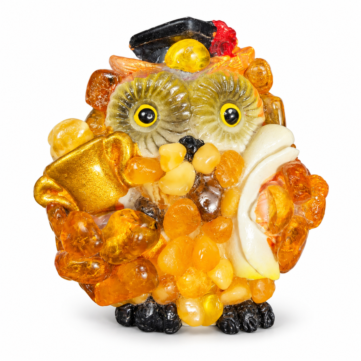 KIZIMA owl refrigerator magnet with orange, golden and cream details on white background