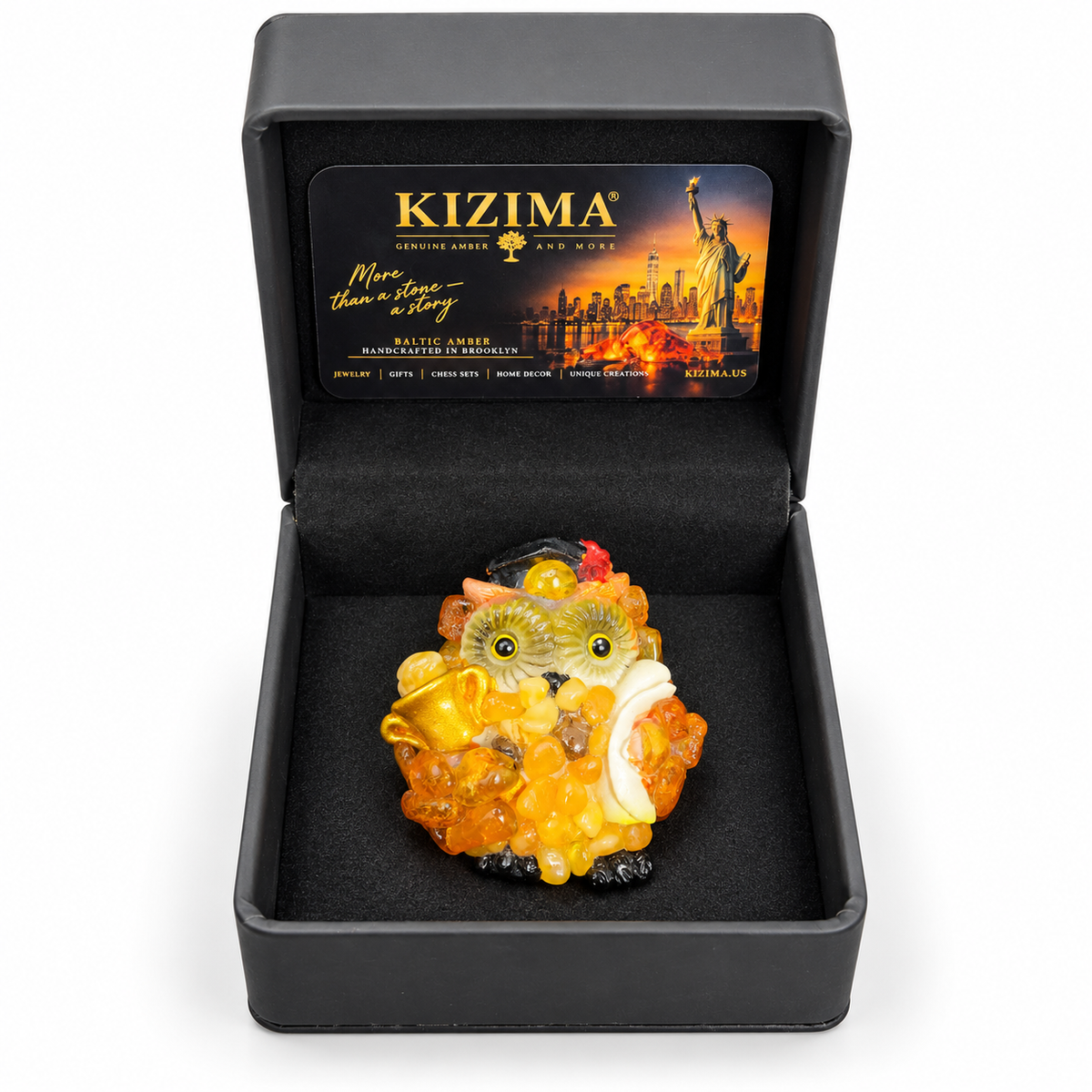 KIZIMA owl refrigerator magnet in its original dark presentation box