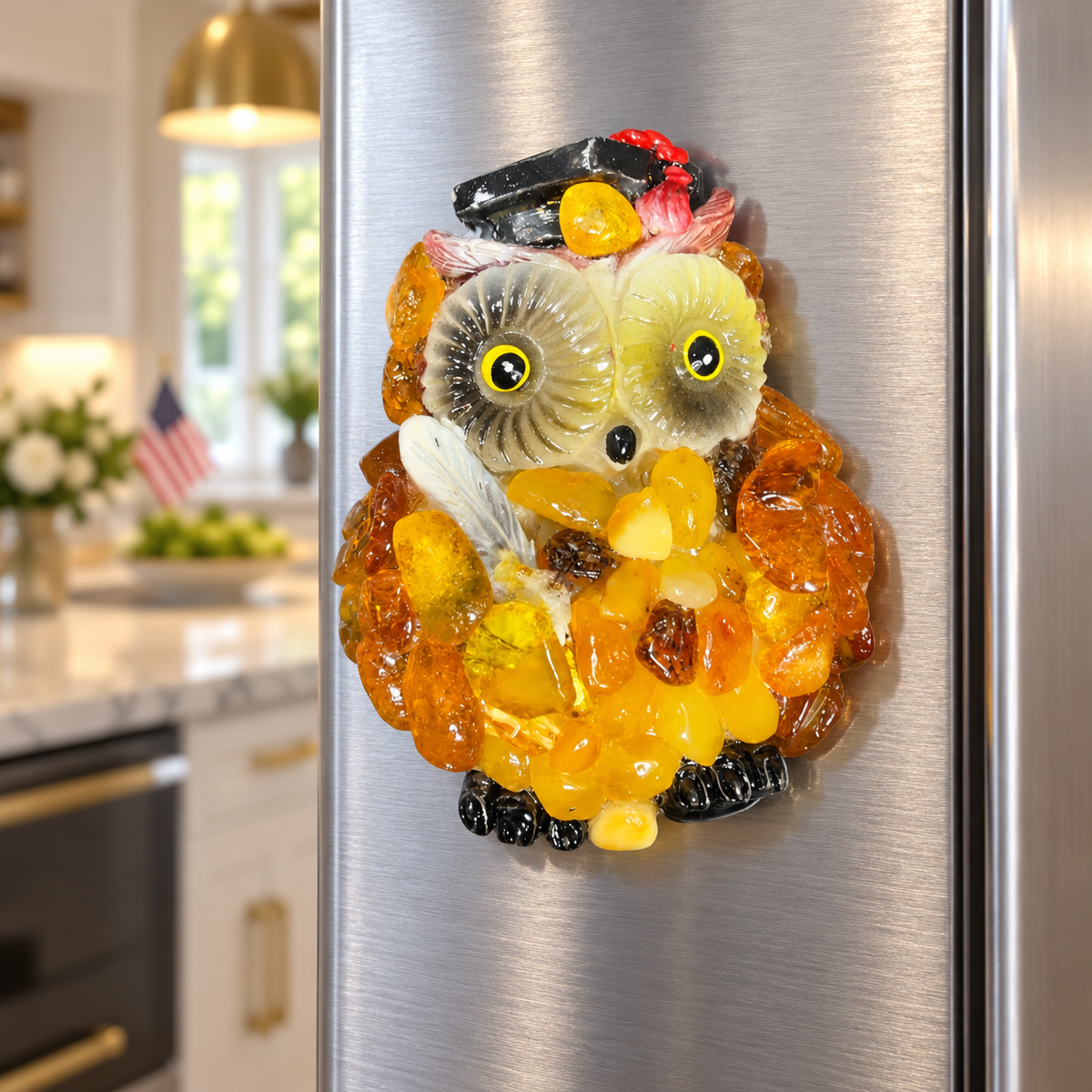 Baltic amber graduation owl magnet holding a quill on a stainless steel refrigerator in an American kitchen
