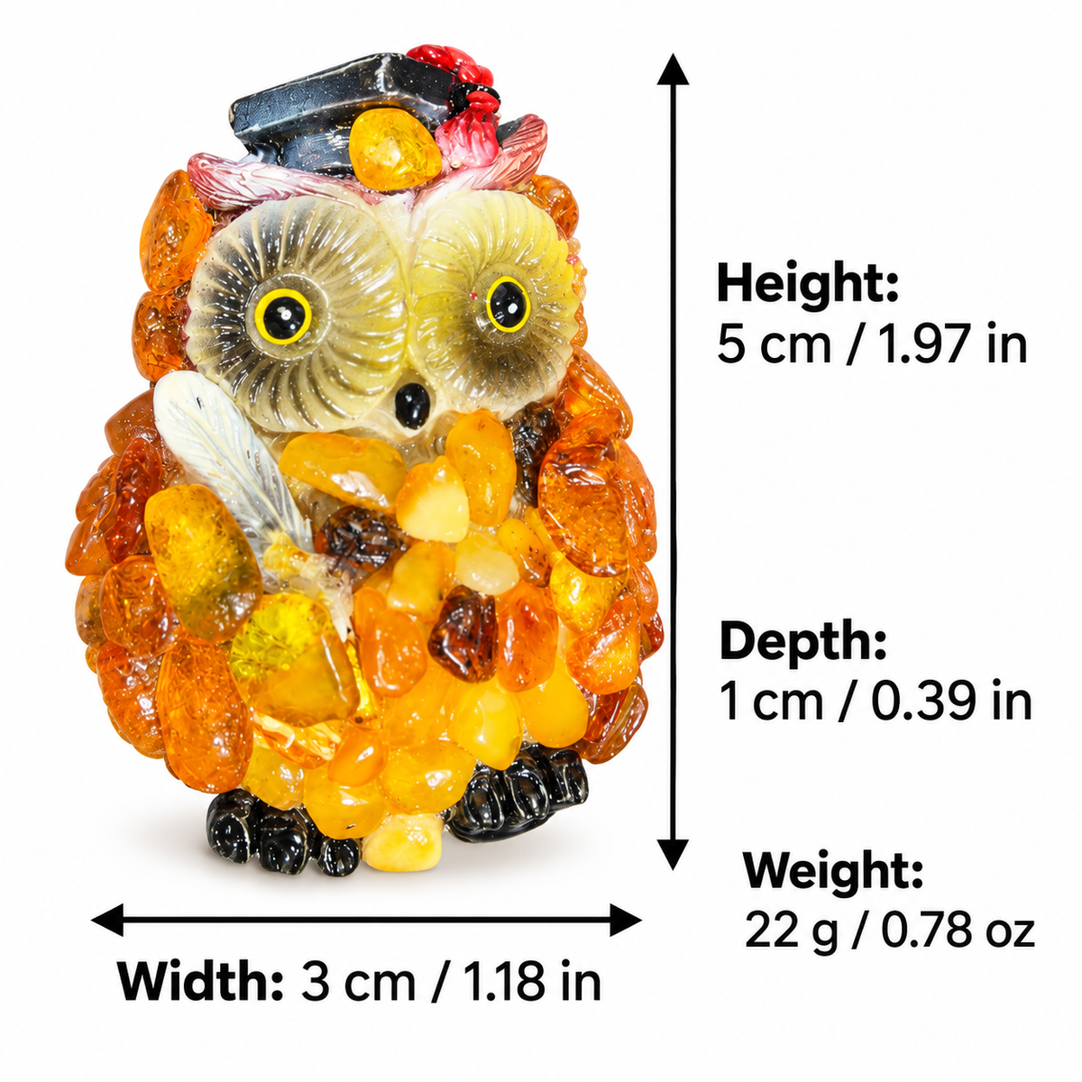 Size chart of amber owl fridge magnet: height 5 cm (2.0 in), width 3 cm, depth 1 cm, weight 22 g (0.78 oz)
