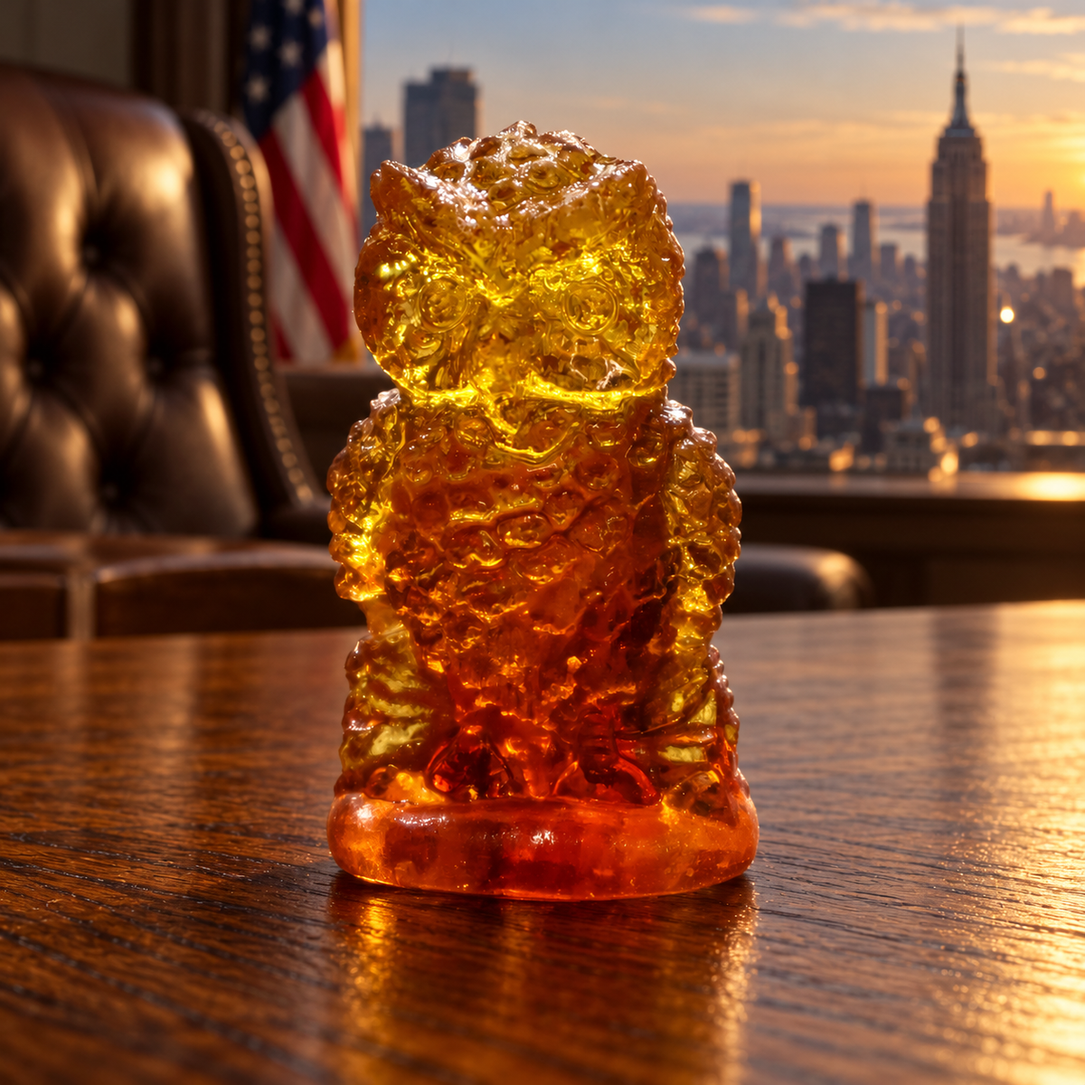 KIZIMA 49OWLMINIQ7-3-2-2: Mini Baltic amber owl, on an oak desk with leather executive chair, US flag and uninterrupted Manhattan view