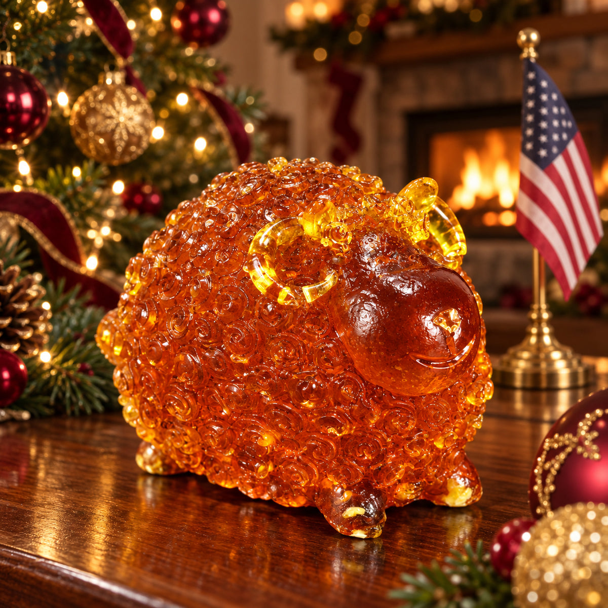 Round amber ram with spiral fleece and curled yellow horns on a walnut table with Christmas ornaments, warm tree lights, a fireplace and an American flag.