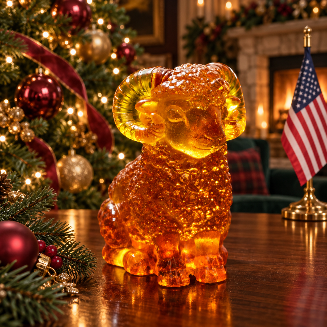 Honey amber ram on a walnut table beside a decorated Christmas tree, burgundy ornaments and an American flag, with a glowing fireplace behind.