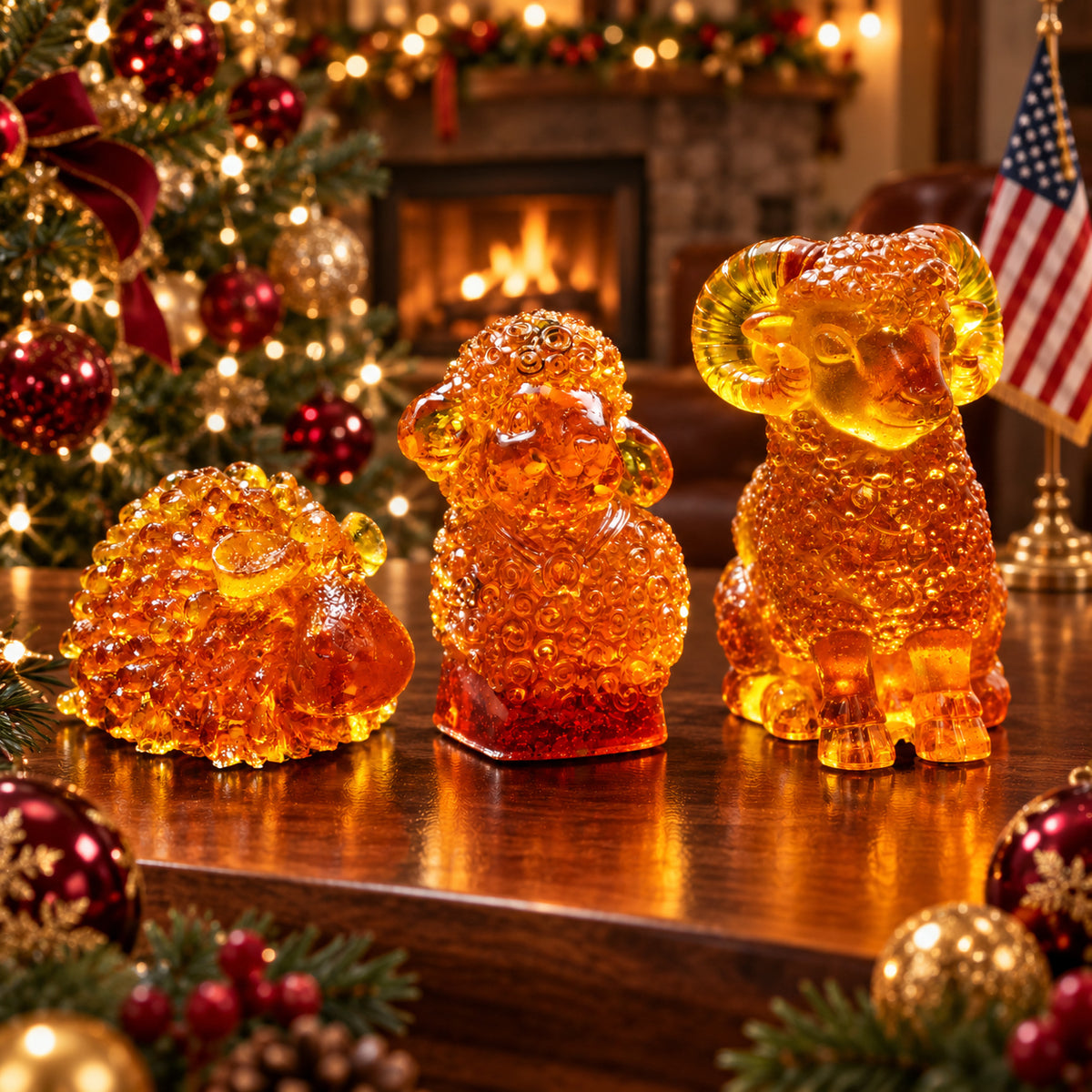 Three distinct amber sheep and ram figurines arranged from shortest to tallest on a walnut table with Christmas ornaments, warm tree lights, a fireplace and an American flag.