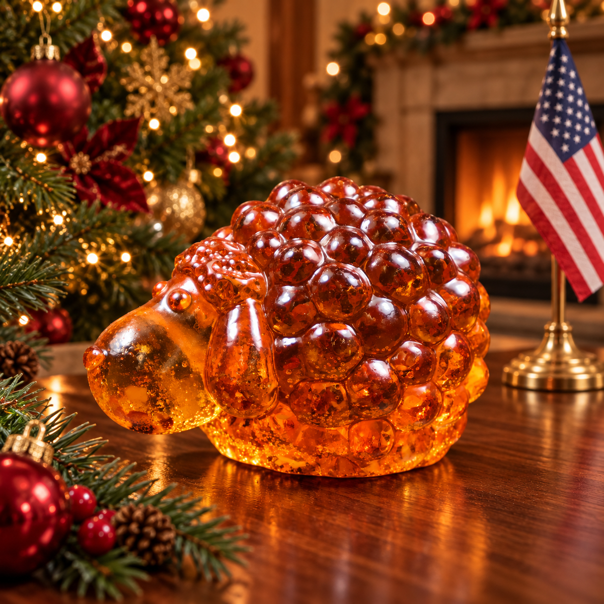 Long-eared cognac amber sheep on a walnut table beside red ornaments, with a Christmas tree, American flag and fireplace behind it.