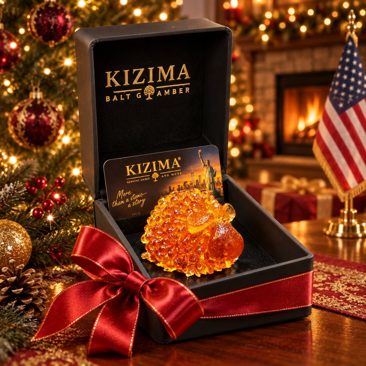 Small rounded amber sheep resting in a black KIZIMA gift box with a red satin bow, against Christmas lights and an American flag.