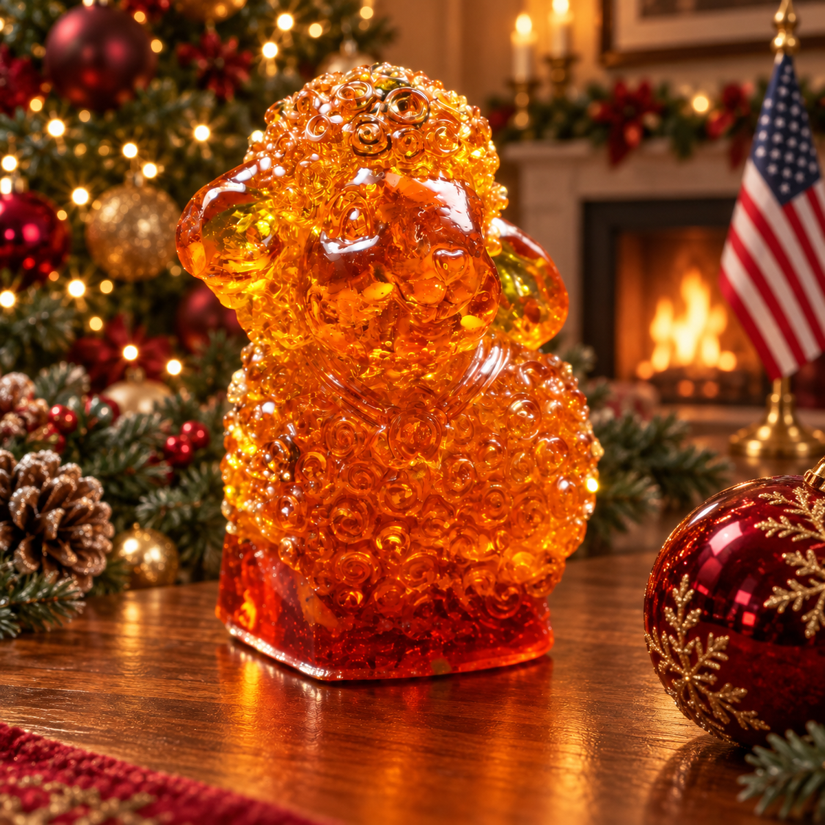 Upright curly amber lamb with a collar pendant beside a red ornament, with a Christmas tree, glowing fireplace and American flag.