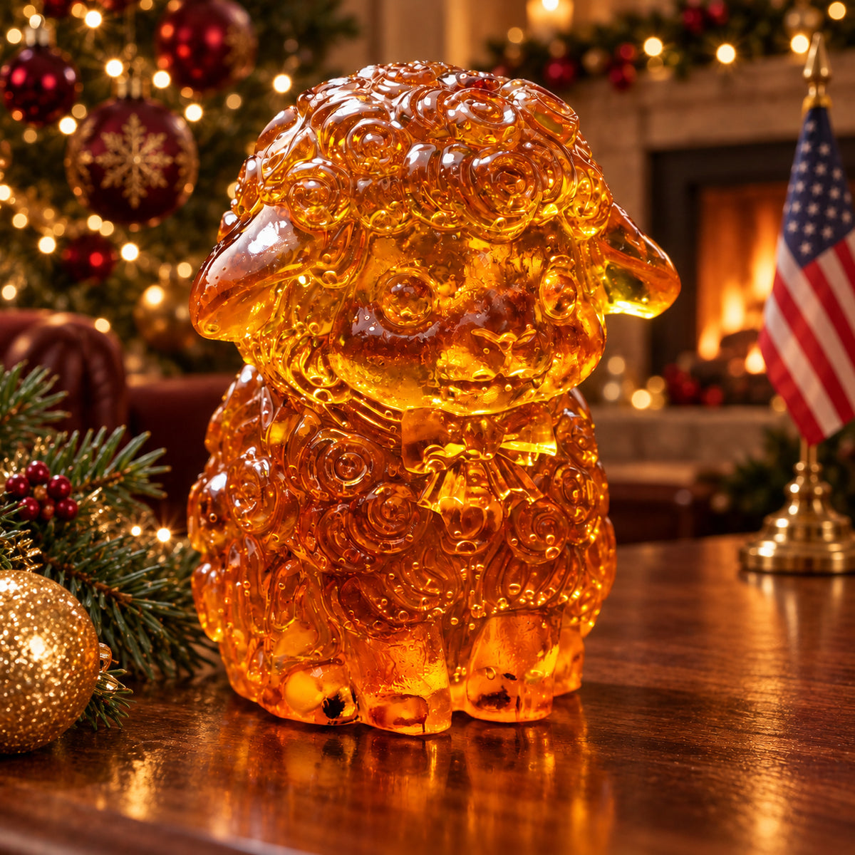 Seated amber sheep with spiral fleece and a bow tie on walnut, beside gold ornaments with Christmas lights and an American flag behind.