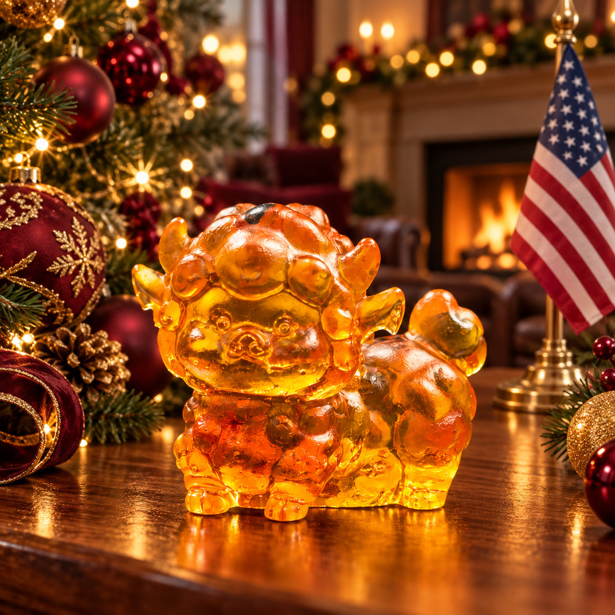 Tiny standing amber lamb with rounded fleece and an upturned tail displayed on walnut beside Christmas ornaments, with a glowing fireplace, decorated tree and American flag.
