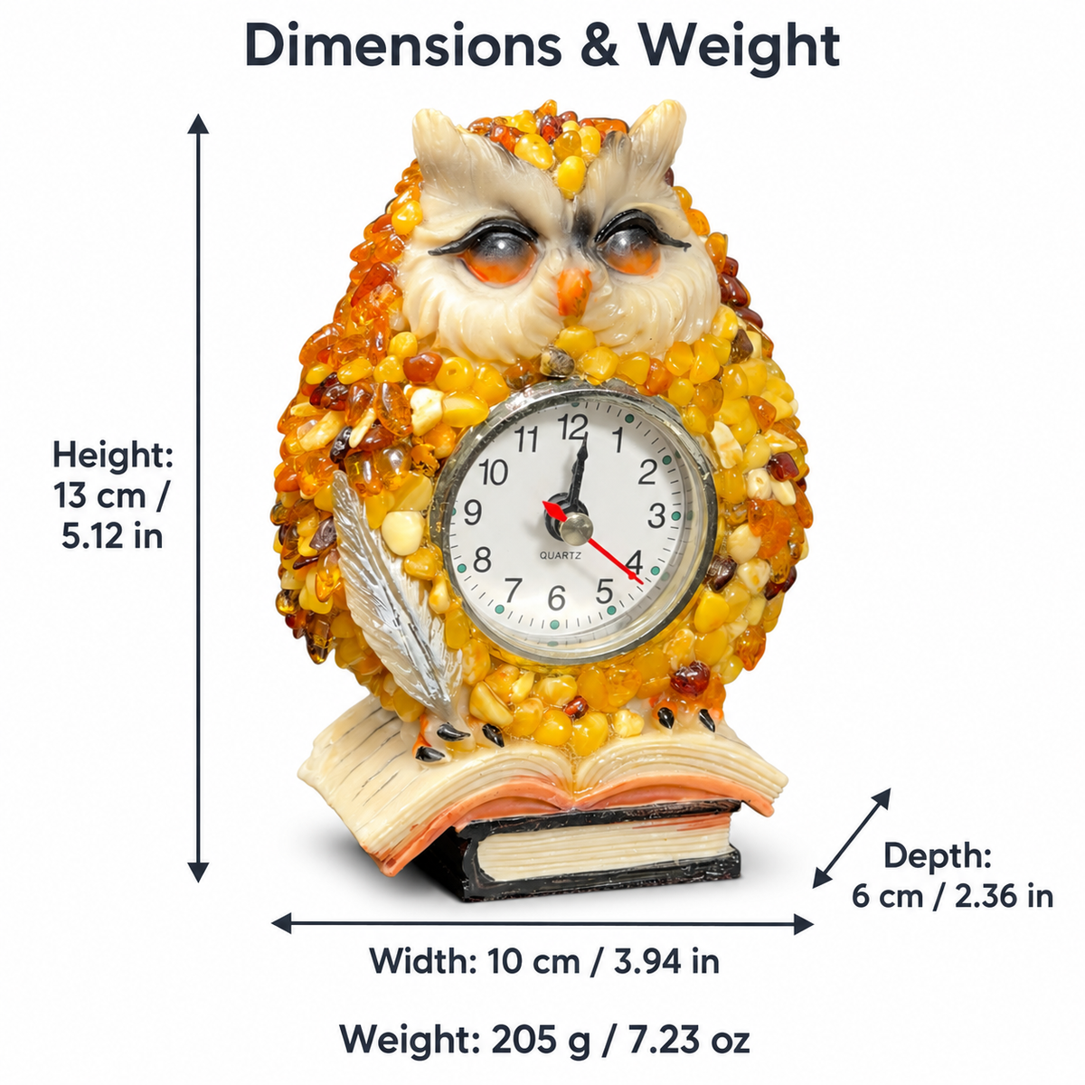 Size chart of the amber owl desk clock: height 13 cm, width 10 cm, depth 6 cm, weight 205 g, with inch and ounce values.