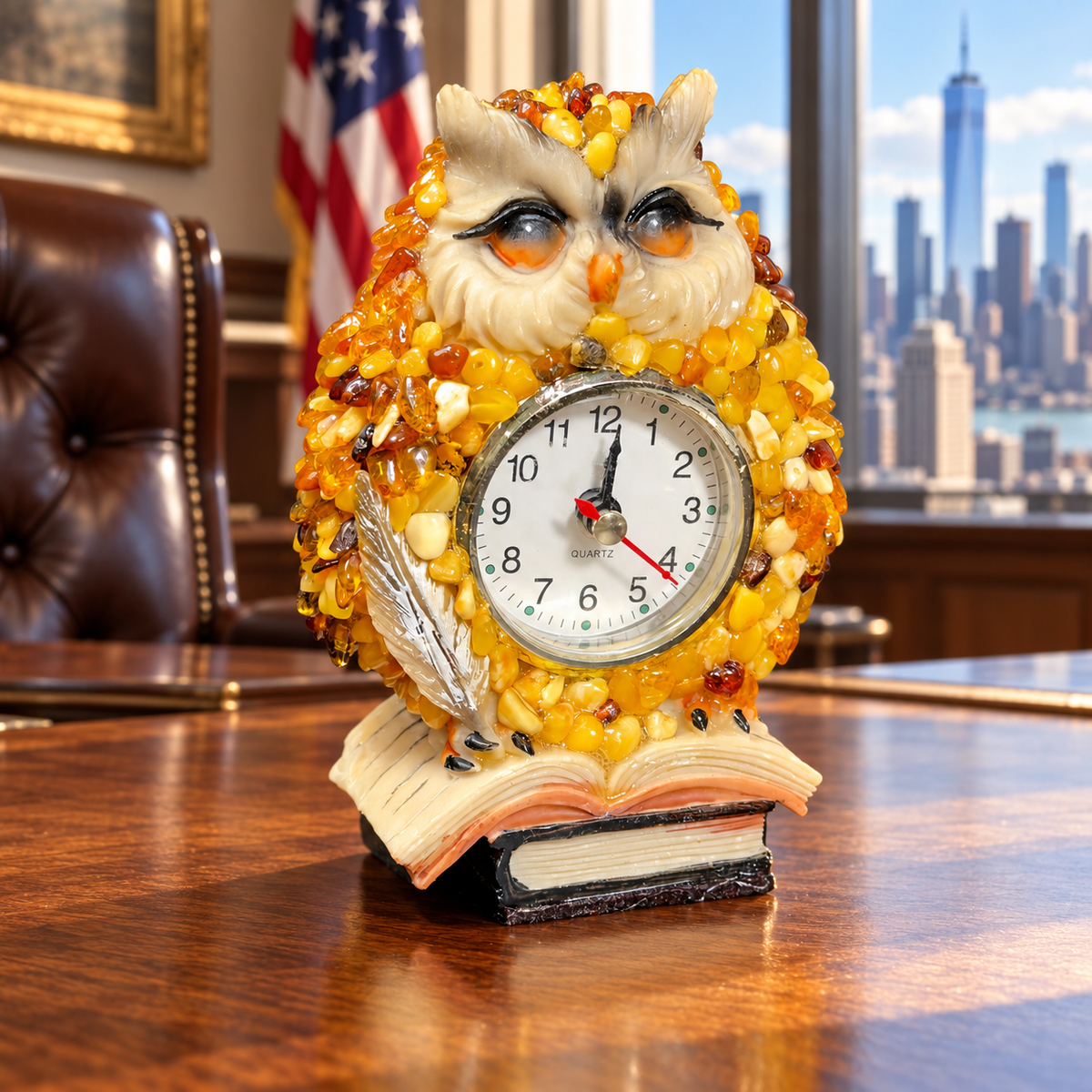Made in USA natural Baltic amber owl desk clock on books with a silver quill, on an oak desk in a Manhattan office.