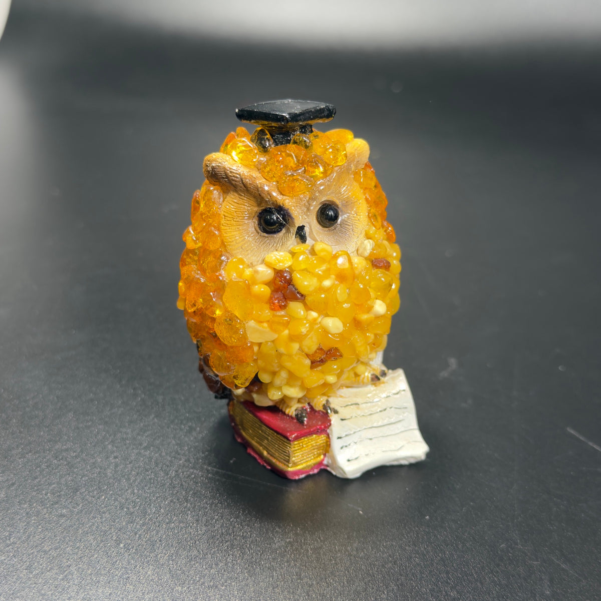 Original photograph of the golden yellow scholar owl figurine, SKU 49OWL09Q55-8-6-6