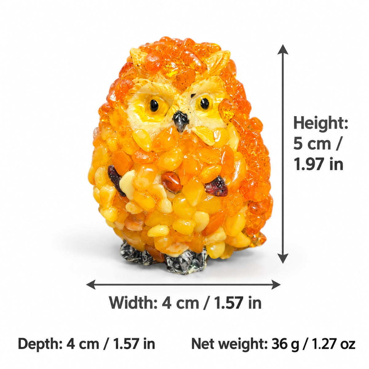 Owl figurine dimensions: height 5 cm, width 4 cm, depth 4 cm; net weight 36 g