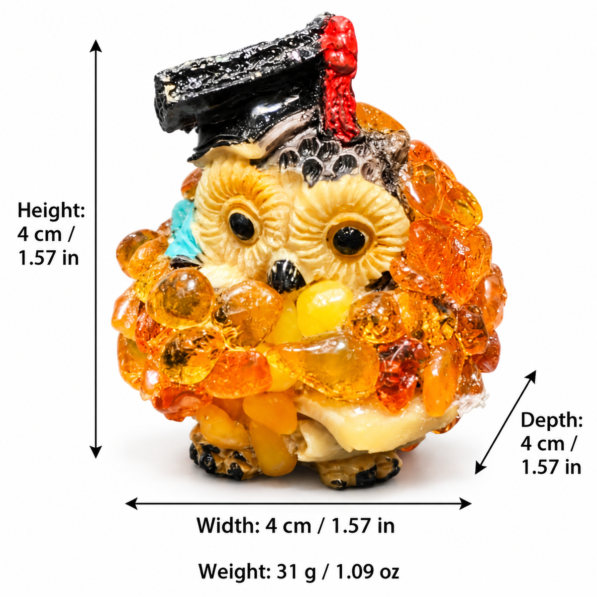 Graduation owl dimensions: height, width and depth 4 cm or 1.57 inches; weight 31 g or 1.09 oz