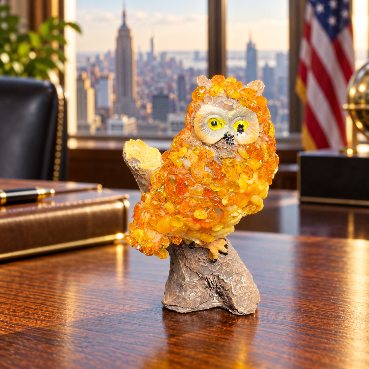 Made in USA natural Baltic amber golden-orange owl on a tree stump on an oak desk with a Manhattan skyline.