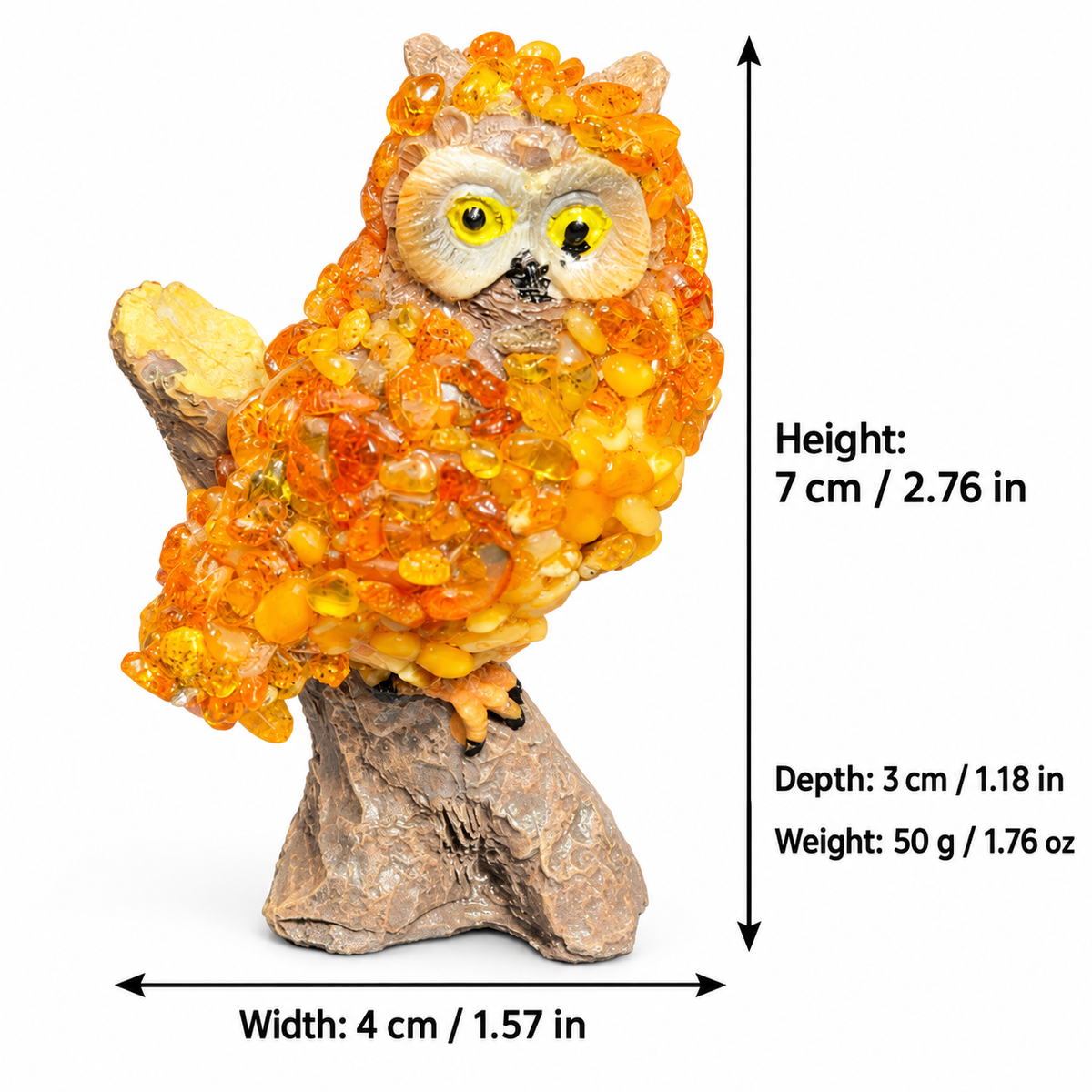 Owl figurine dimensions: 7 cm high, 4 cm wide, 3 cm deep, weighing 50 g