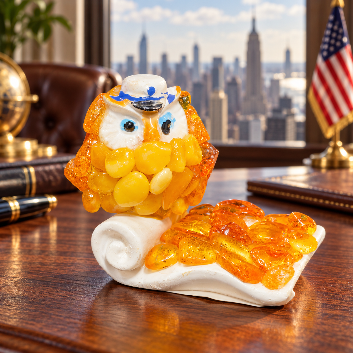 Made in USA natural Baltic amber mini owl in a white hat on a curled scroll, on an oak desk with a Manhattan skyline.