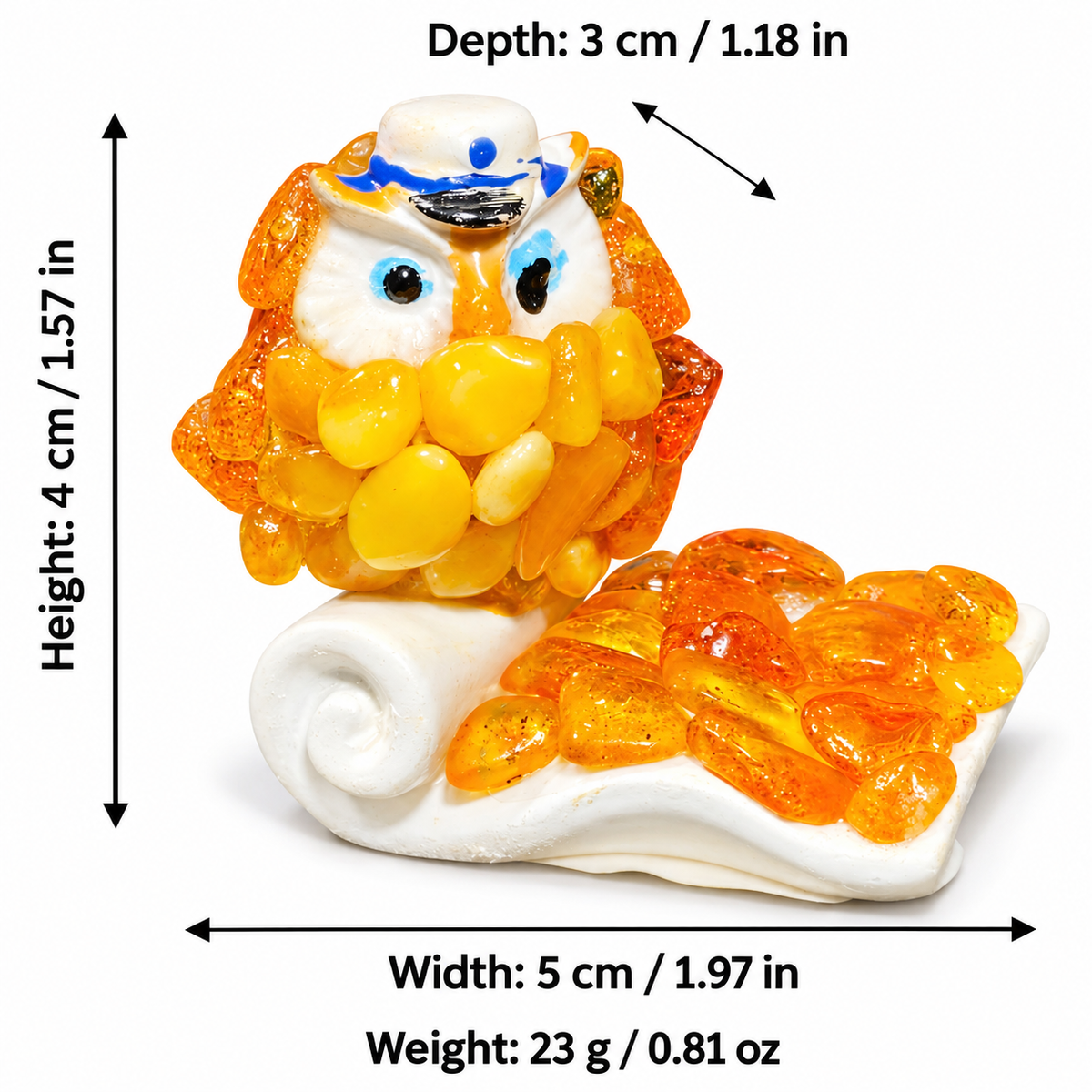 Owl figurine dimensions: 4 cm high, 5 cm wide, 3 cm deep; weight 23 g, with inch and ounce conversions