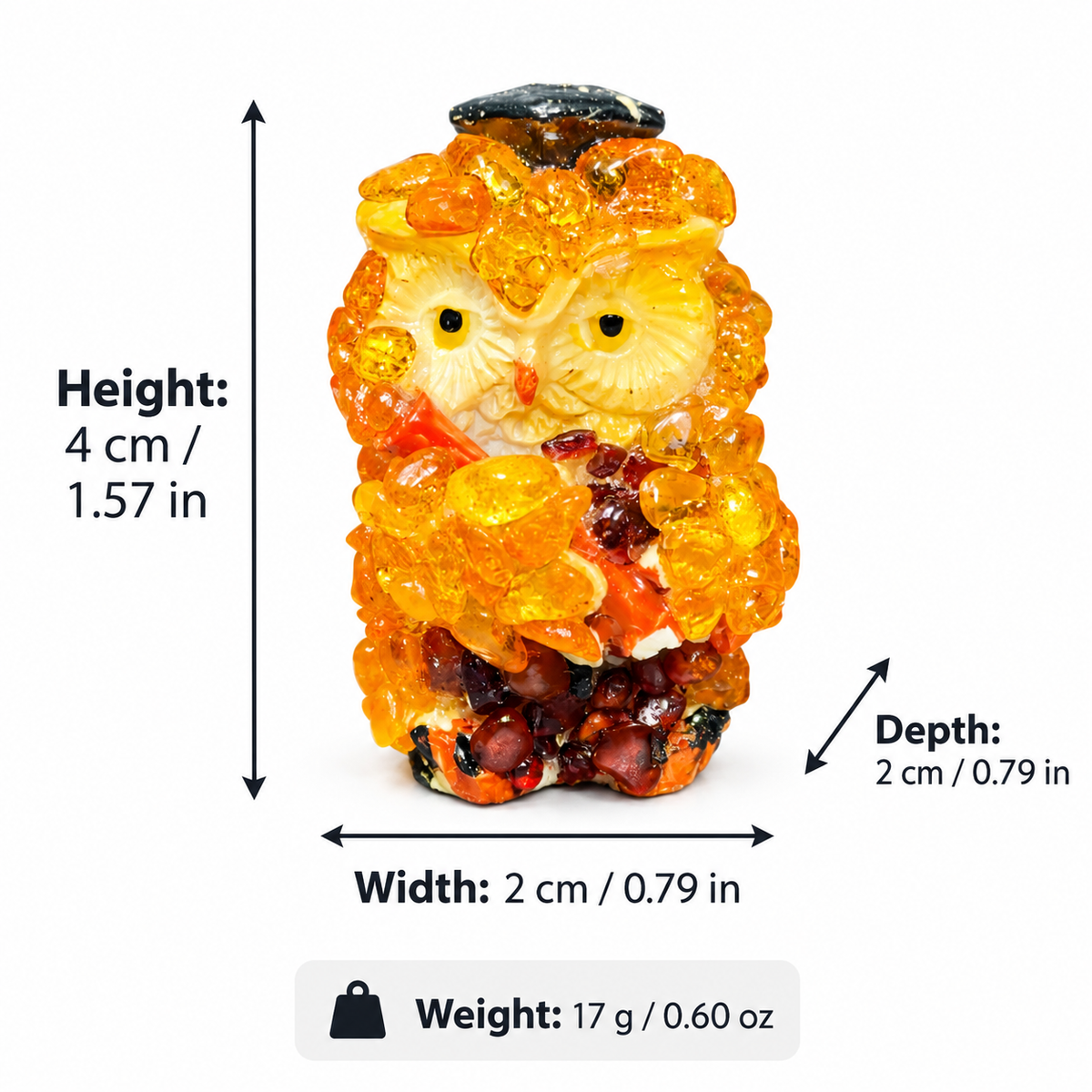 Graduation owl figurine dimensions: 4 cm high, 2 cm wide and 2 cm deep; weight 17 g.