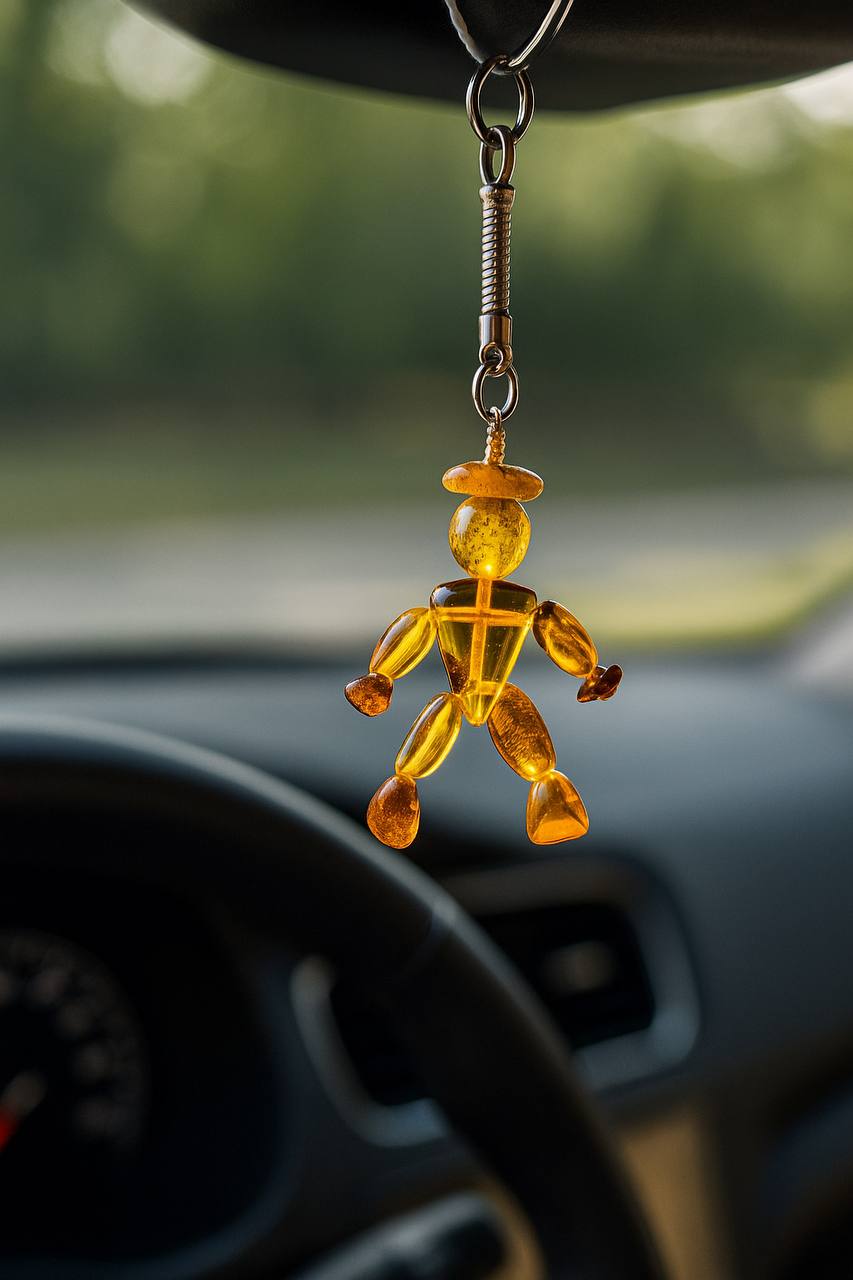 Amber Keychain – Handmade Baltic Amber Car Charm in the Shape of a Little Man – Natural Amber Talisman Gift for Driver or Loved One